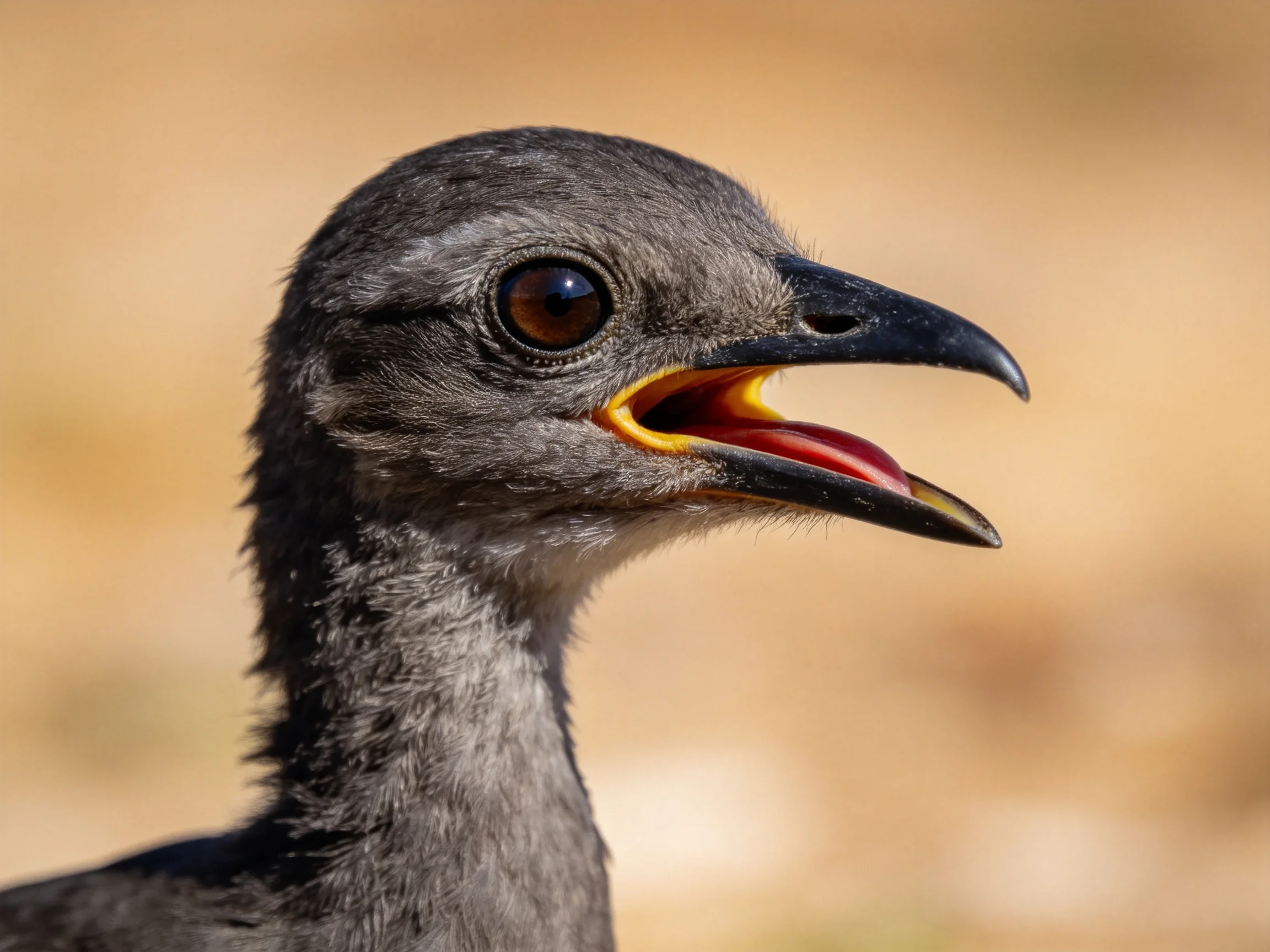 Close - up of a gray - feathered bird with open beak