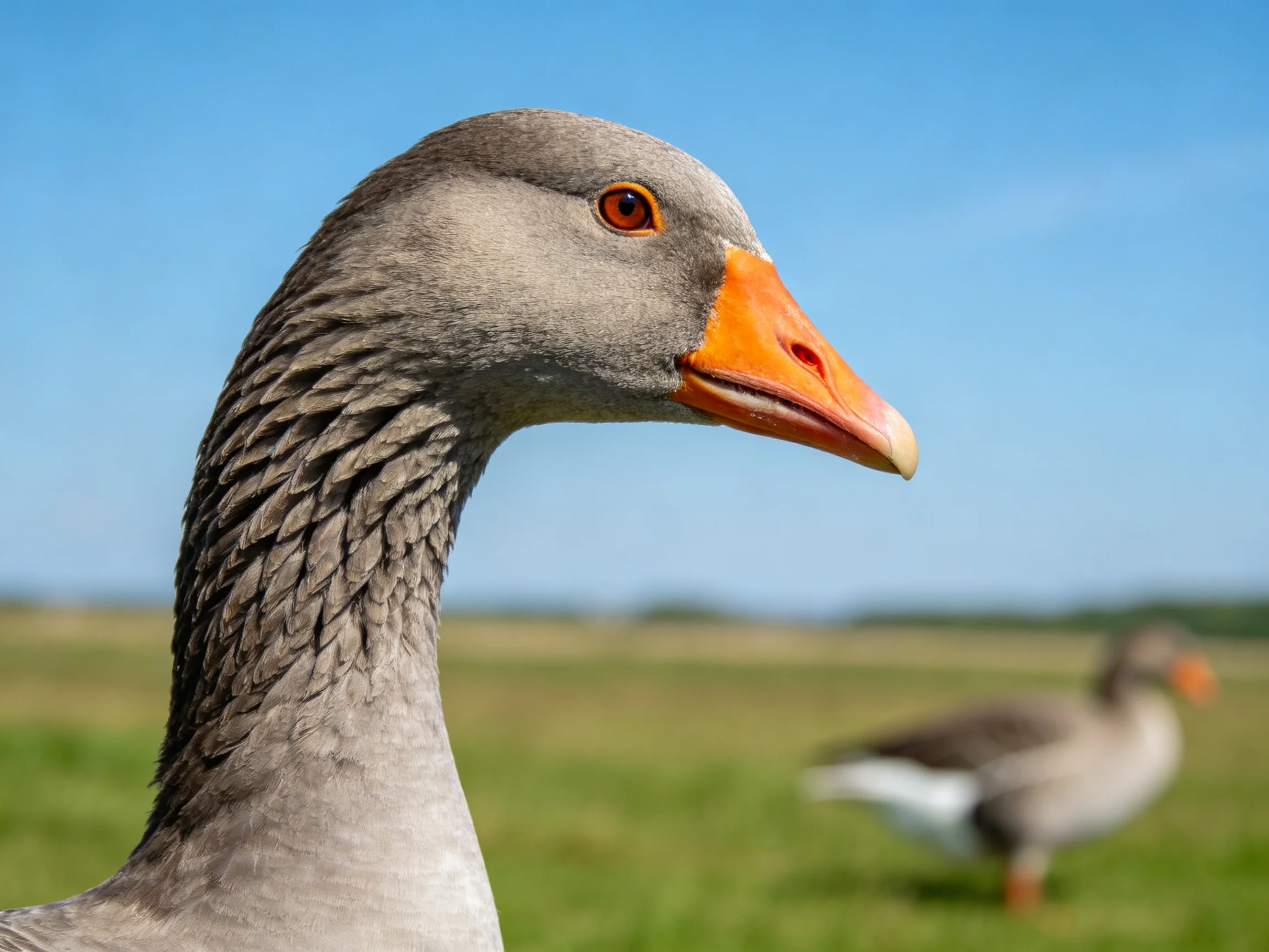 Close - up of a gray goose with an orange beak, another goose in a green field