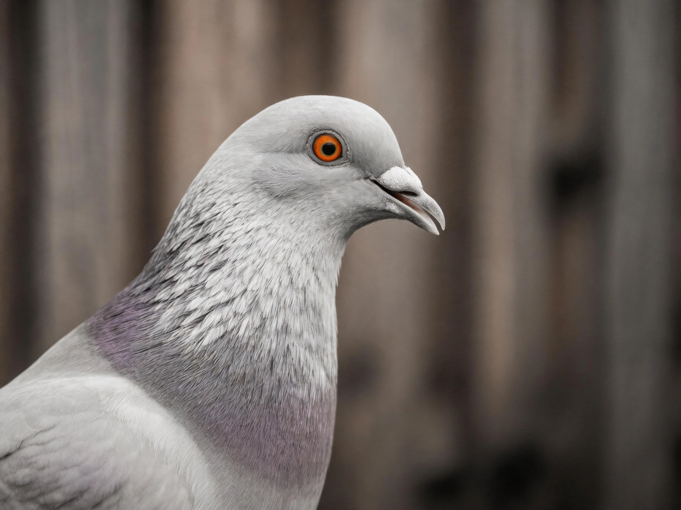 Close-up of a gray pigeon with an orange eye near wooden planks