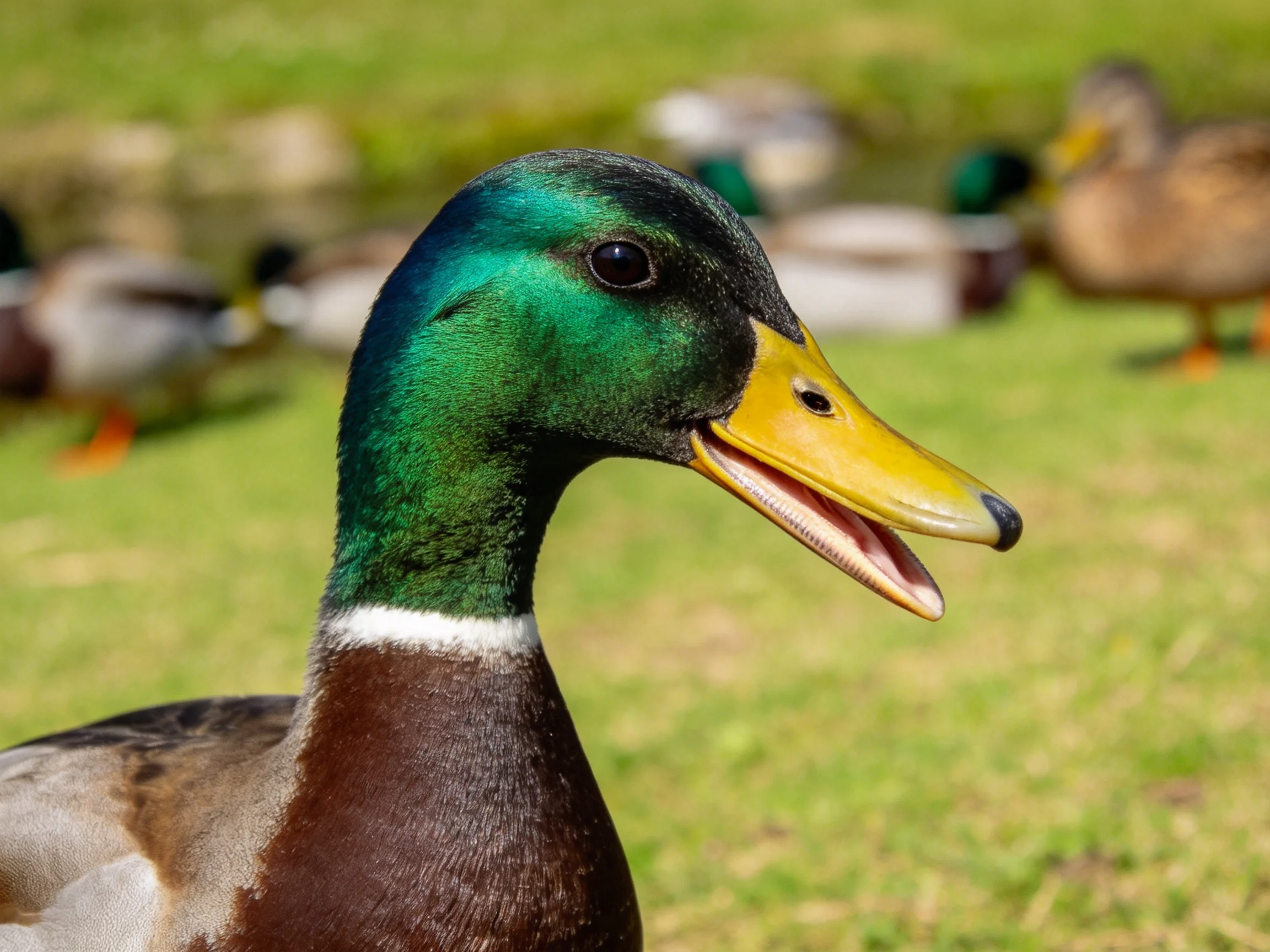 Close-up of a male mallard duck with emerald head and yellow beak
