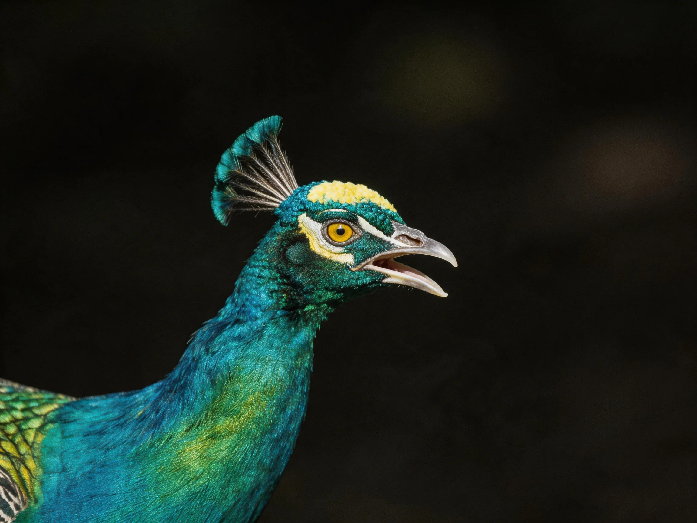 Close-up of a peacock displaying turquoise and emerald feathers with an ornate crest