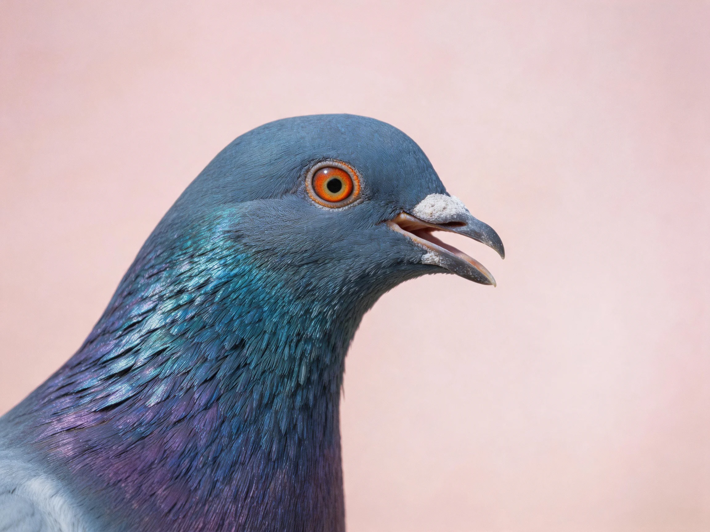 Close-up of a pigeon with iridescent blue-purple plumage