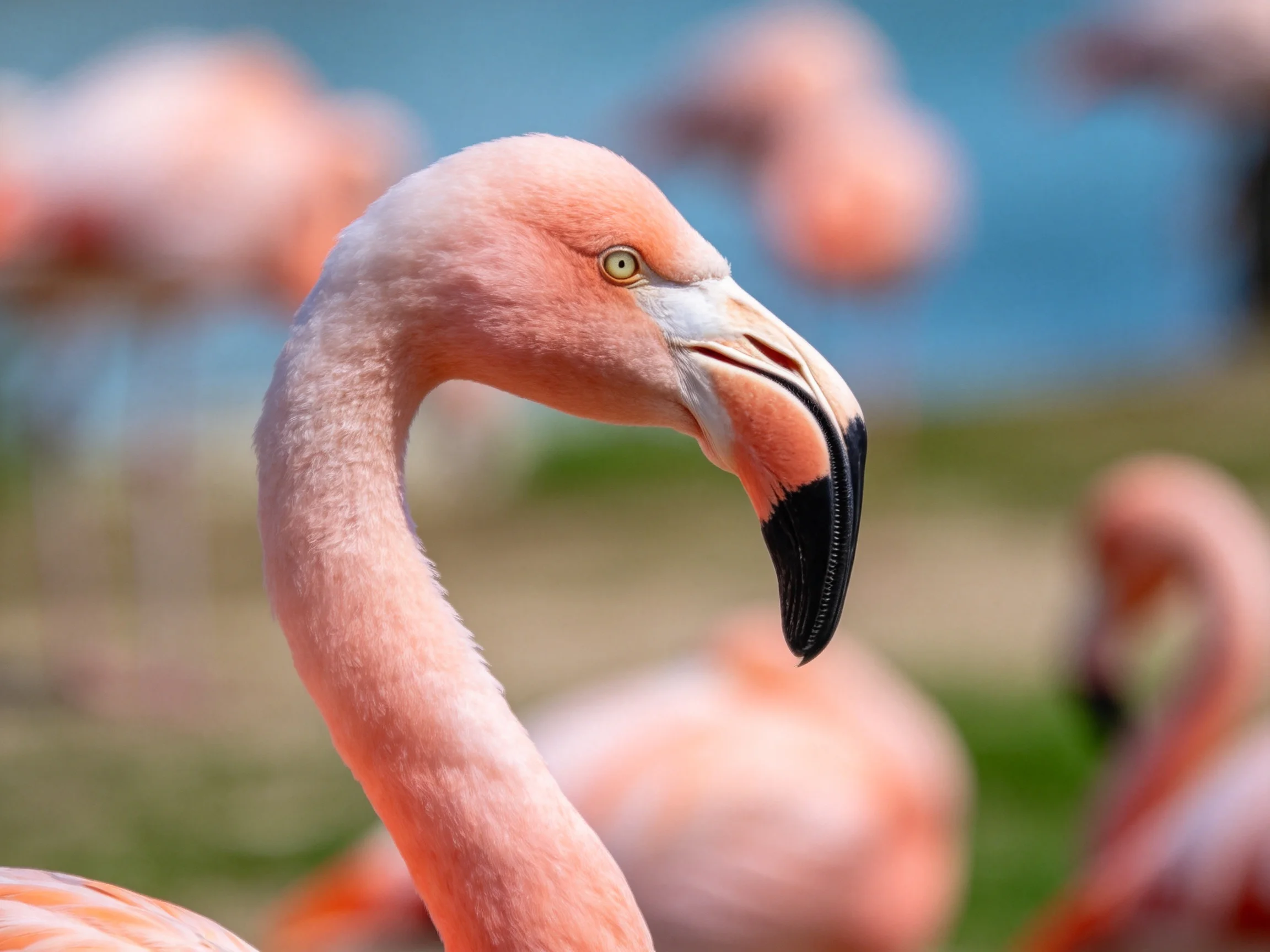 Close - up of a pink flamingo with distinctive curved black - tipped beak
