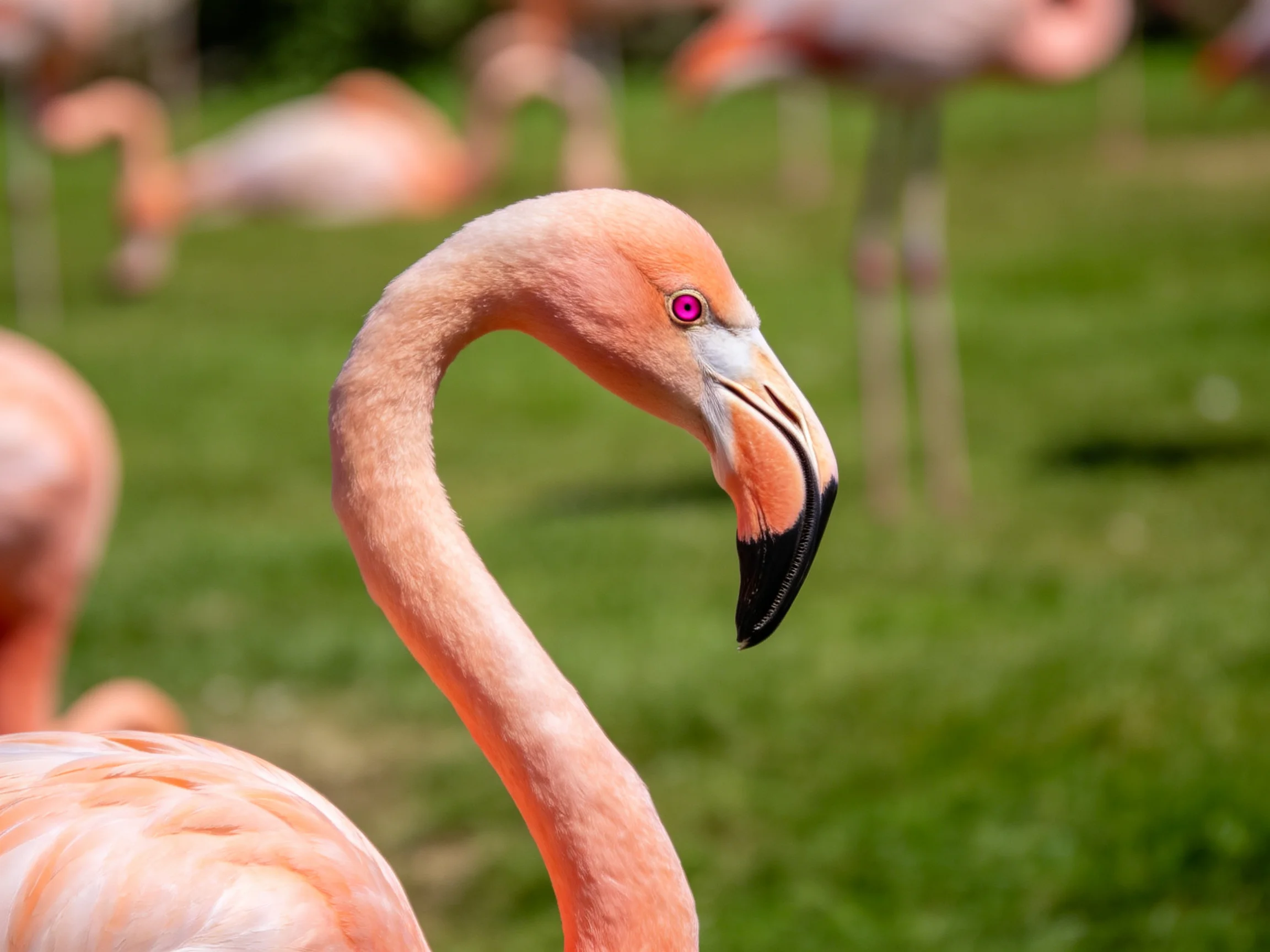 Close-up of a pink flamingo with others on green grass