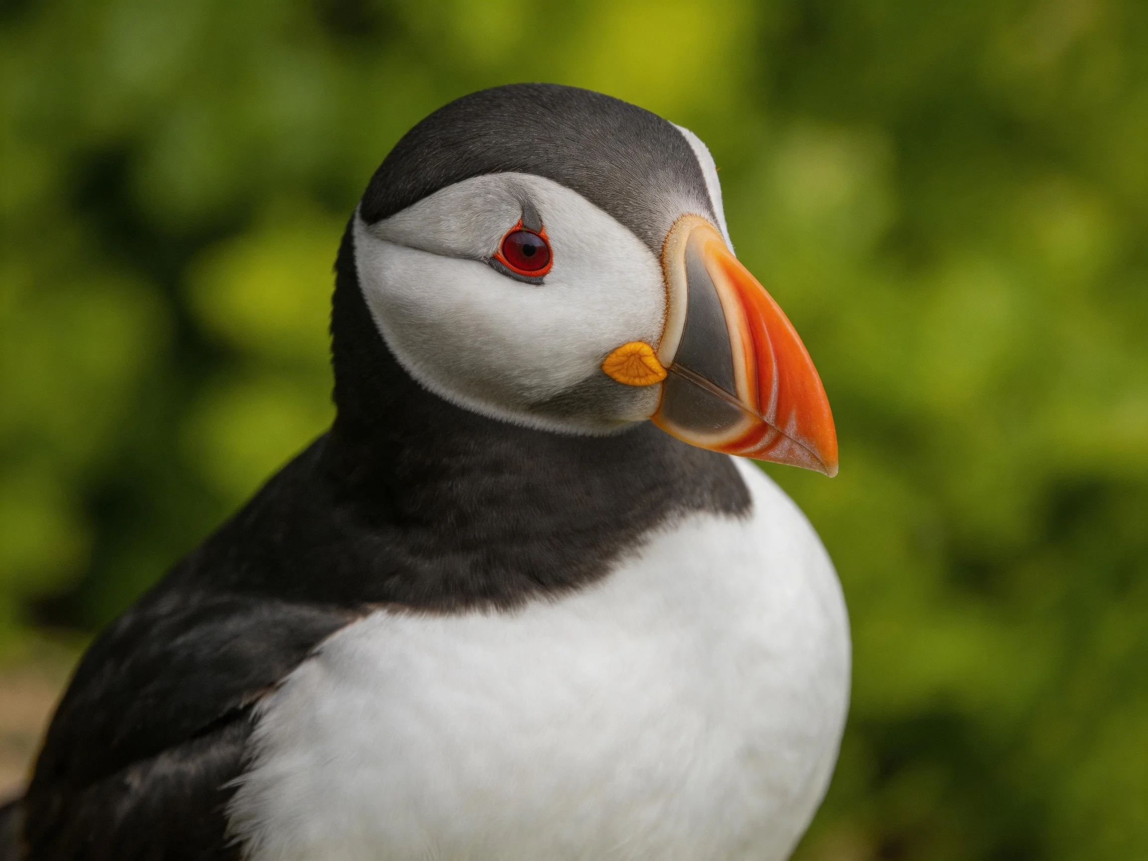 Close-up of a puffin with black, white plumage and an orange beak