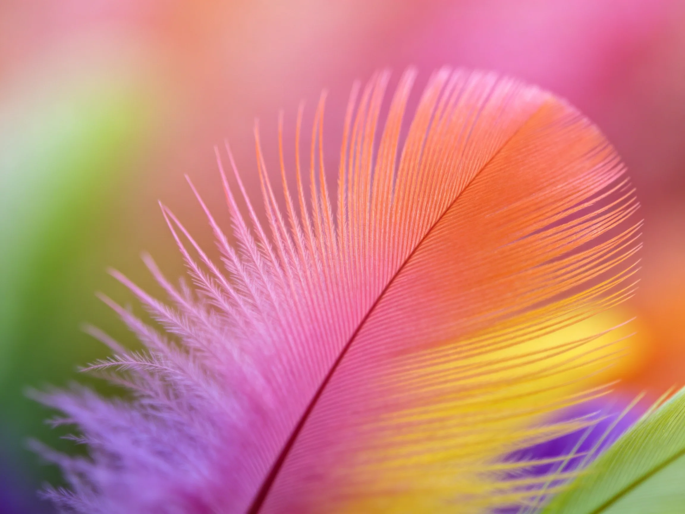 Close-up of a rainbow-hued feather with soft blurred pastels