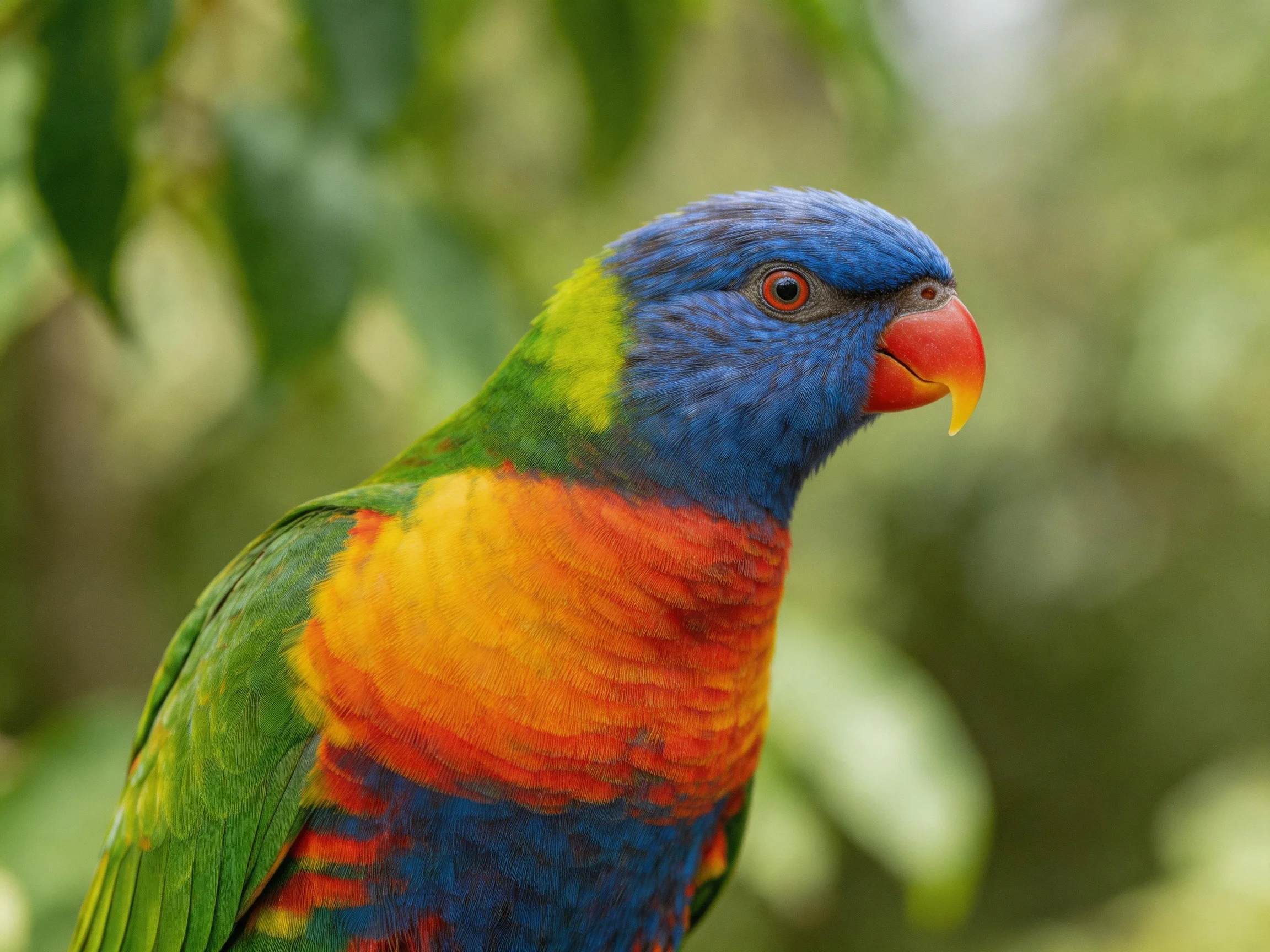 Close-up of a rainbow lorikeet with blue, green, orange plumage