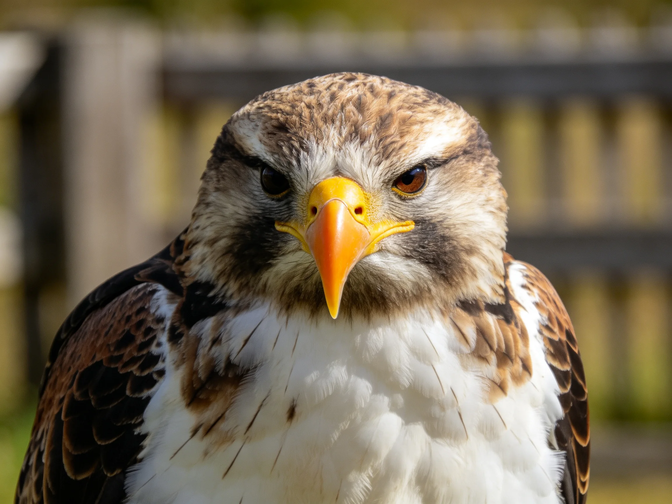 Close-up of a raptor showcasing brown, white plumage and vibrant beak