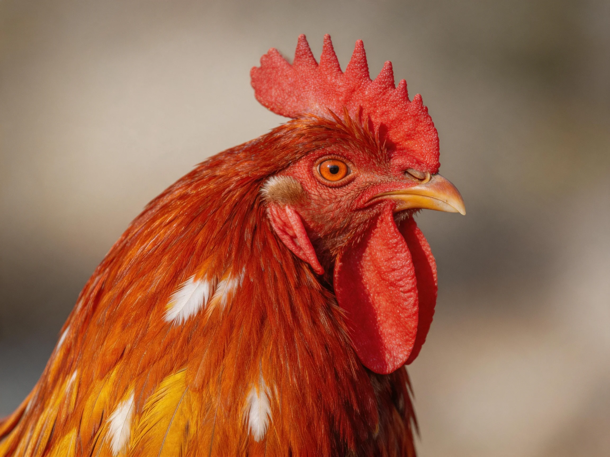 Close-up of a rooster with red comb, brown feathers, and white markings