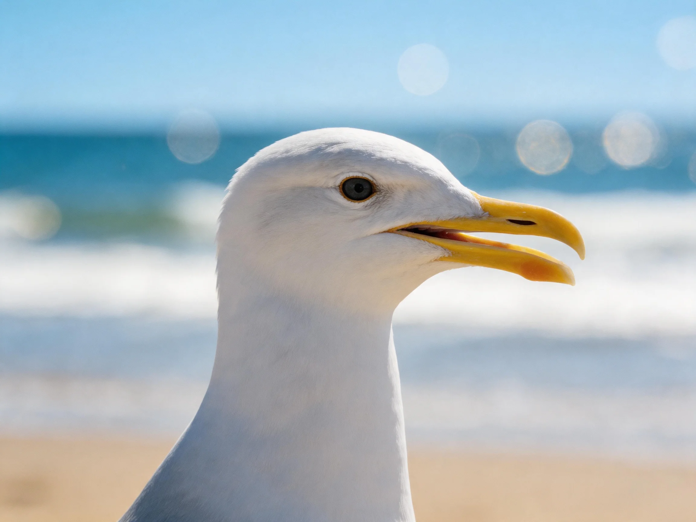 A seagull with white plumage and a yellow beak is positioned near the ocean shoreline.