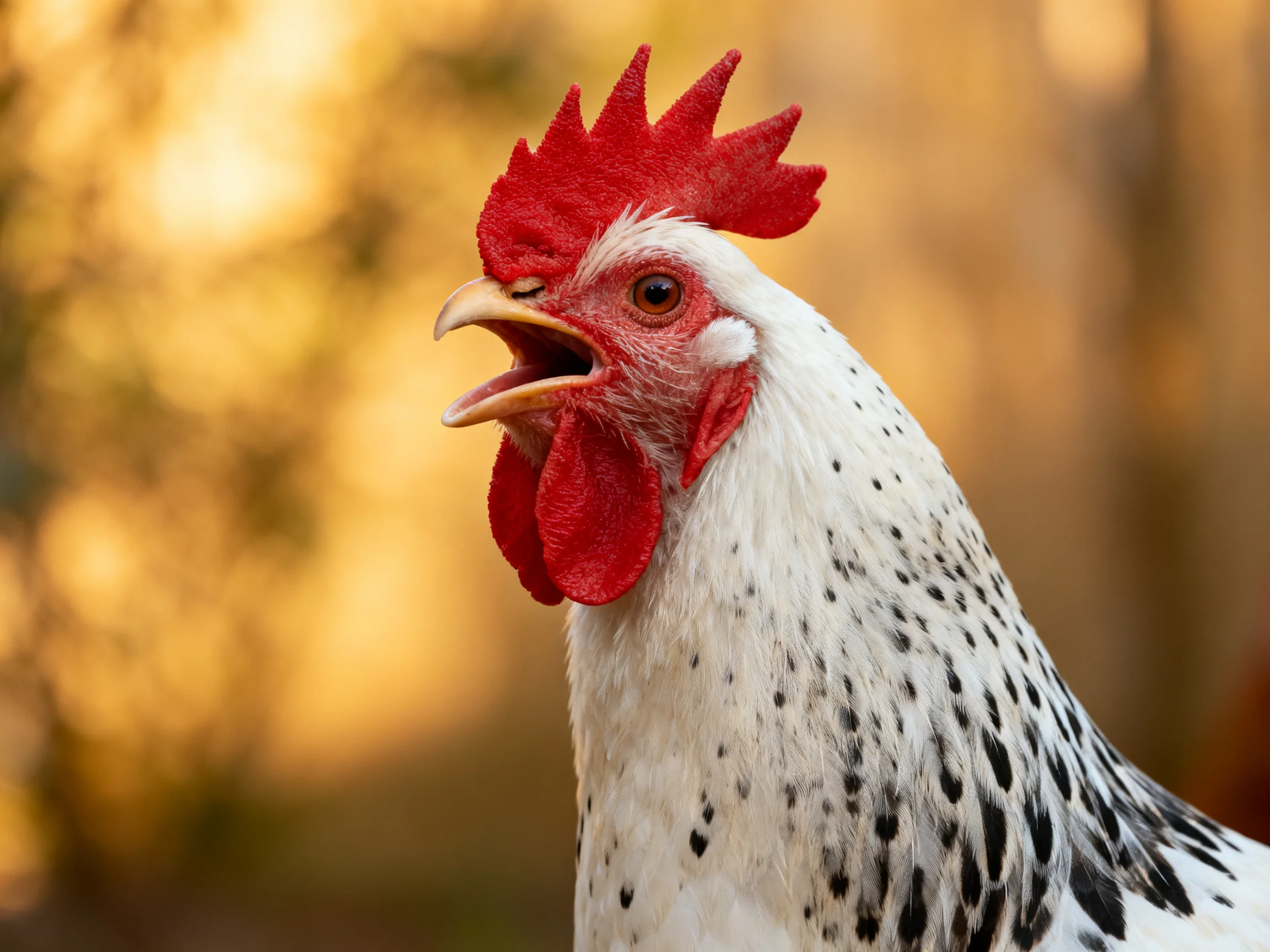Close-up of a speckled chicken with vibrant red comb