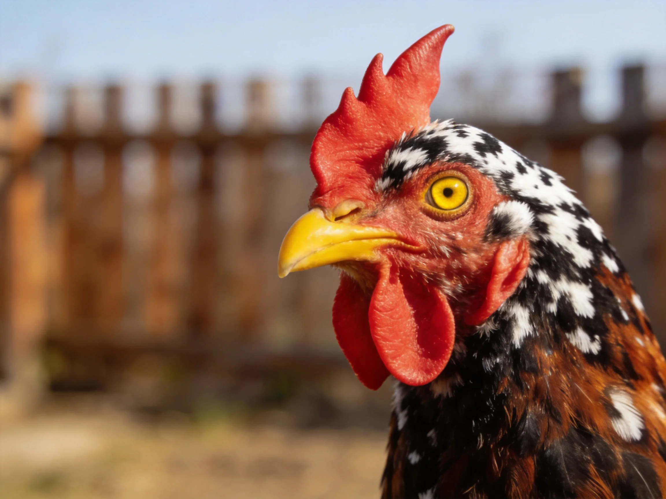 A close-up highlights a spotted chicken’s vibrant red comb and yellow beak.