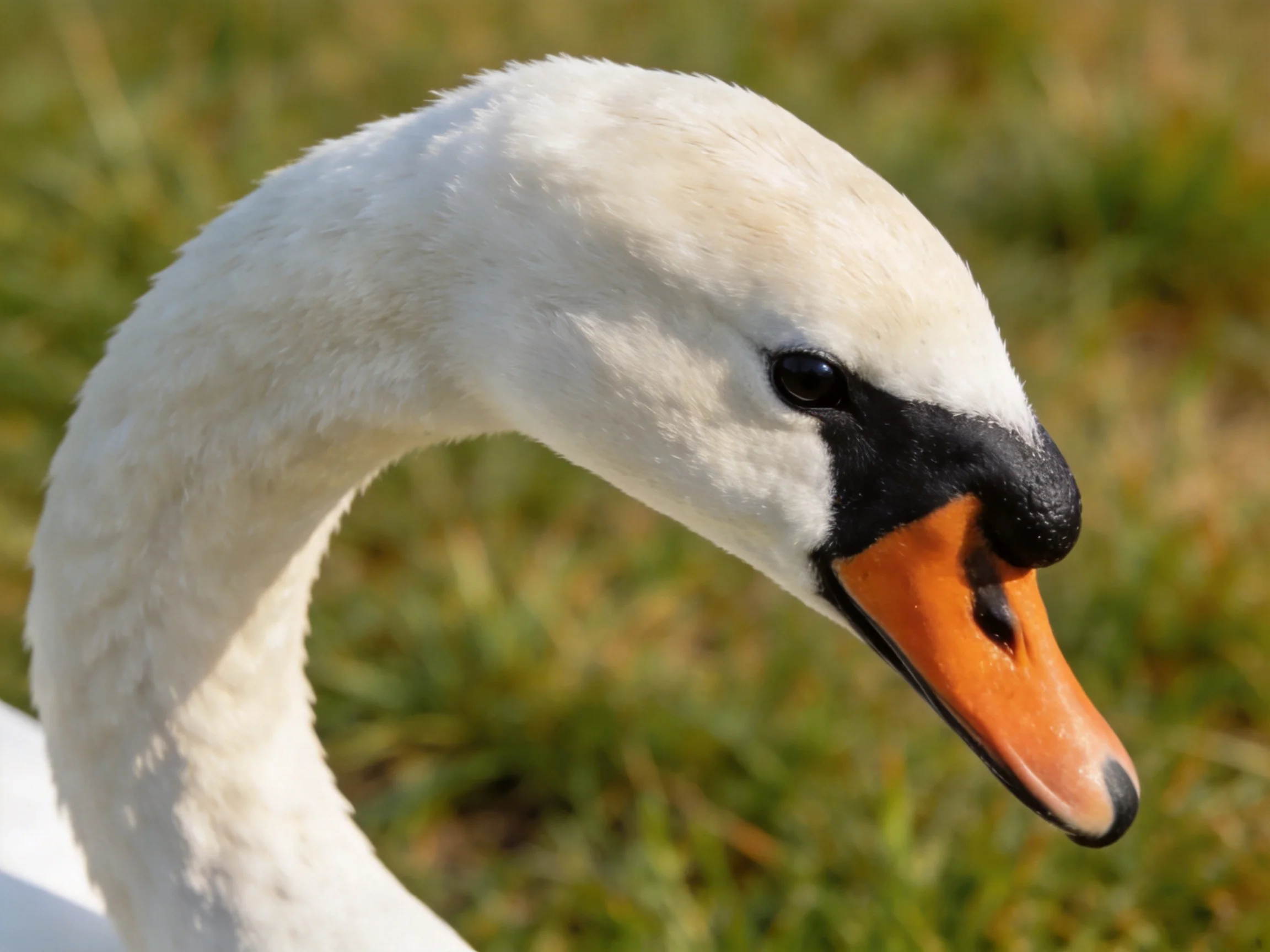 Close - up of a swan with white feathers, black face, and orange beak
