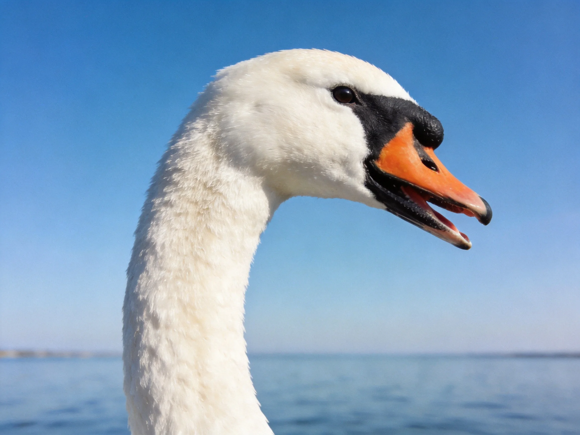 Close-up of a swan with white feathers, orange beak, and black markings by water