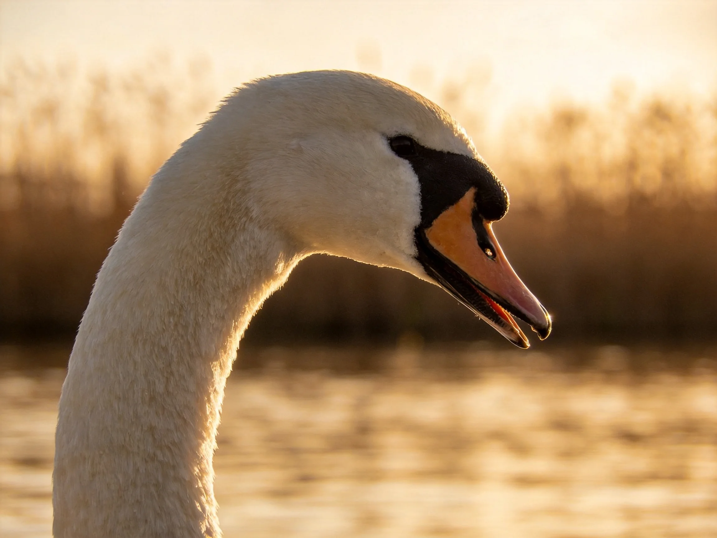 Close-up of a swan with white plumage and orange beak near water
