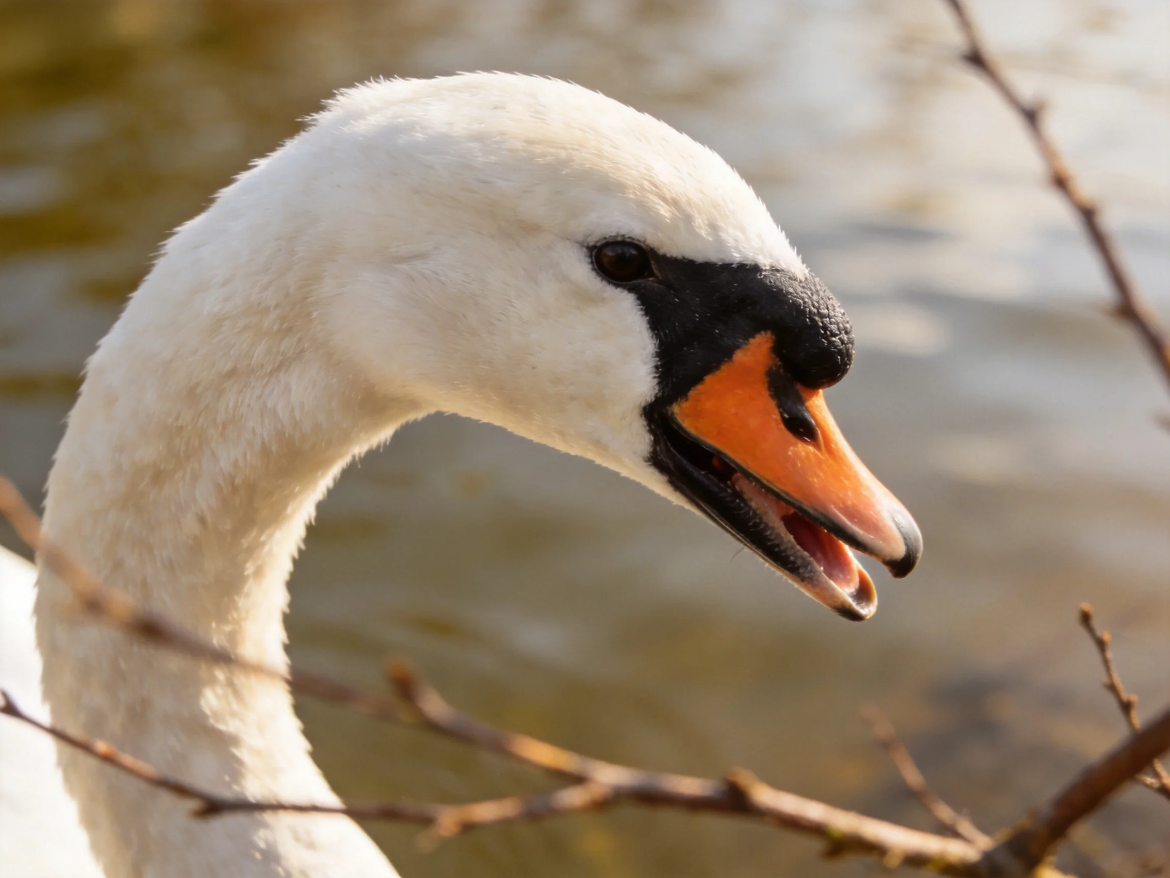 Close-up of a swan with white plumage and orange beak near water