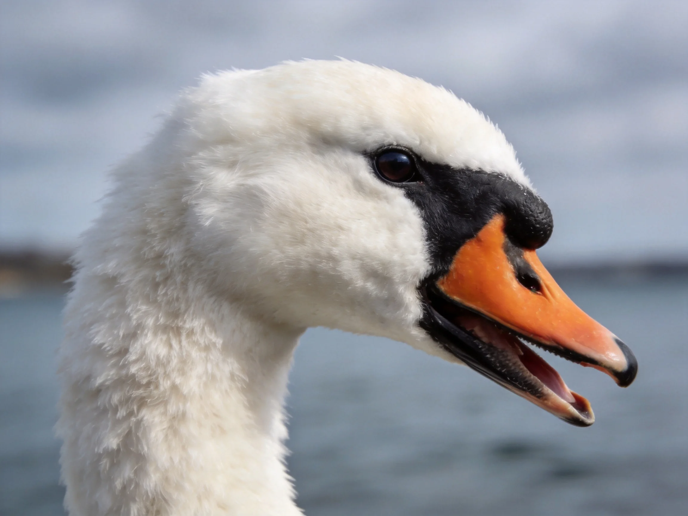 Close-up of a swan with white plumage and orange-black beak near water