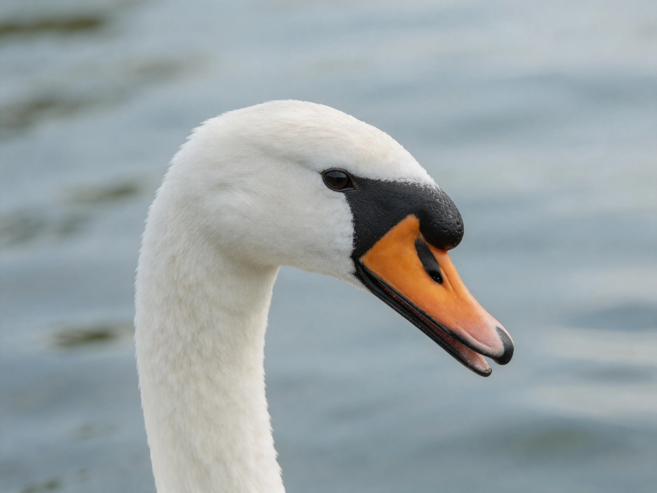 Close-up of a swan with white plumage, orange beak, and black facial markings