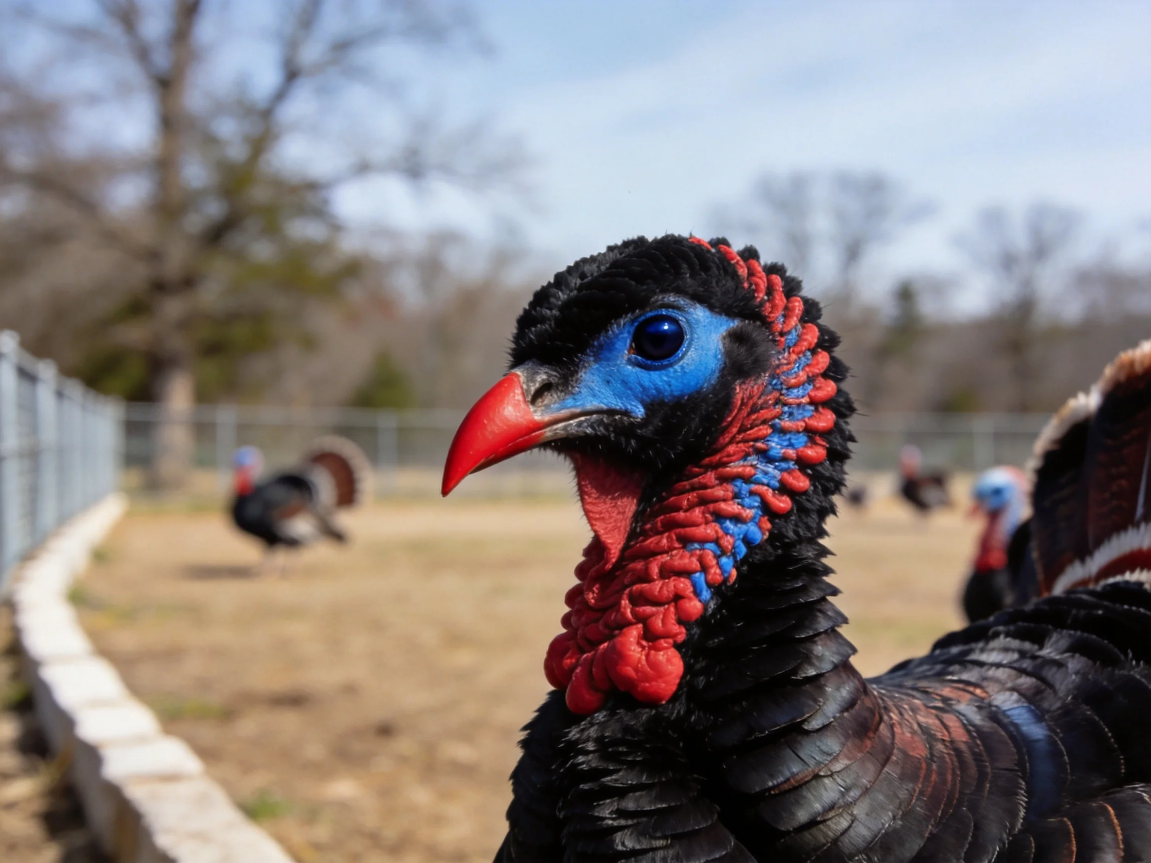 Close - up of a turkey with black feathers and red - blue facial markings