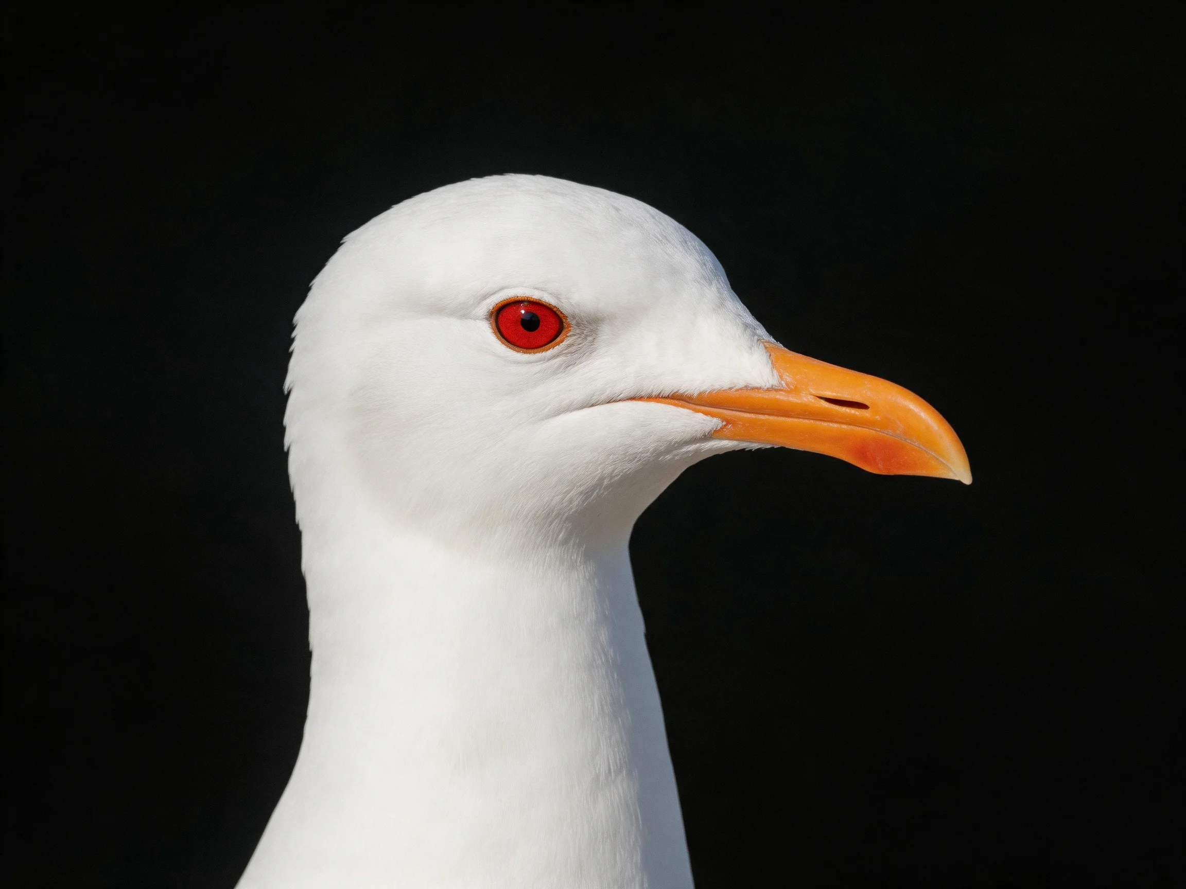 Close-up of a white-feathered gull with red eye and orange beak