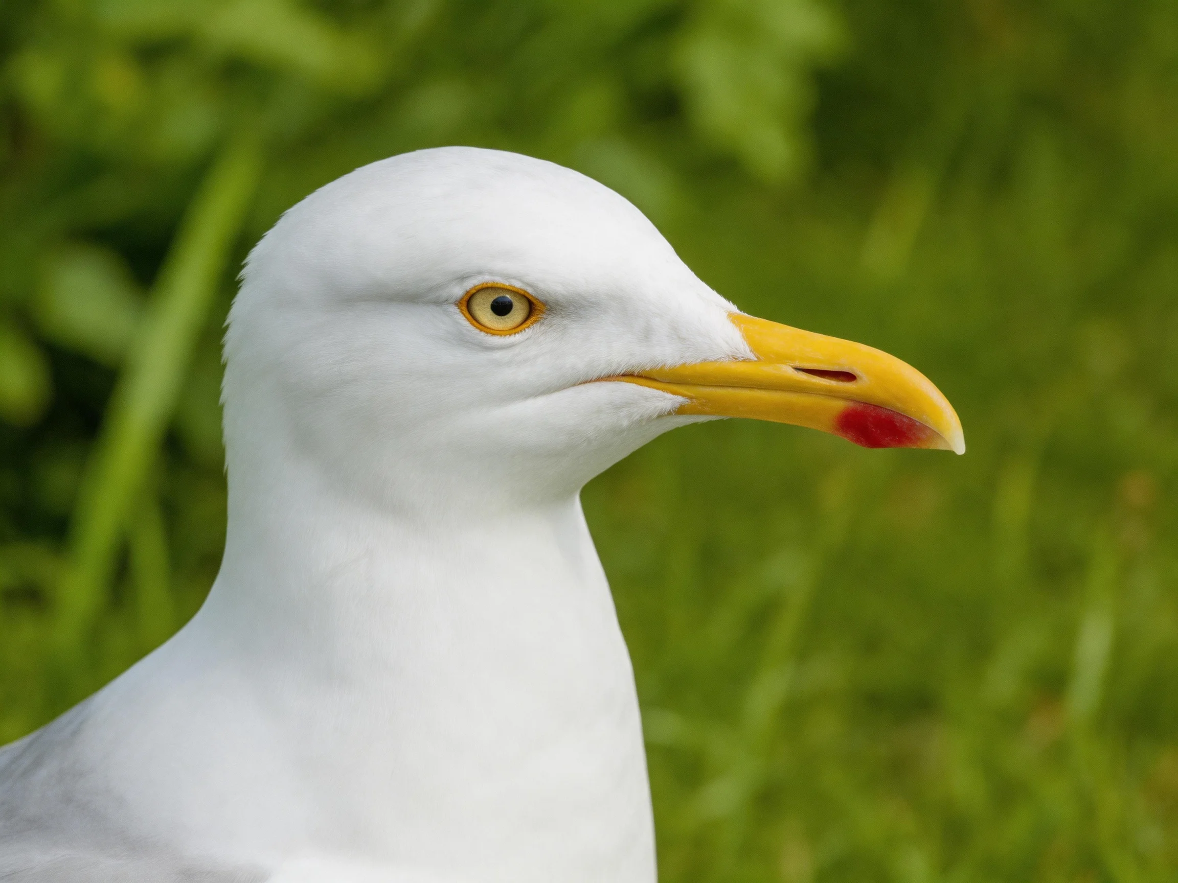 Close-up of a white-feathered seagull with a yellow beak showing red detail