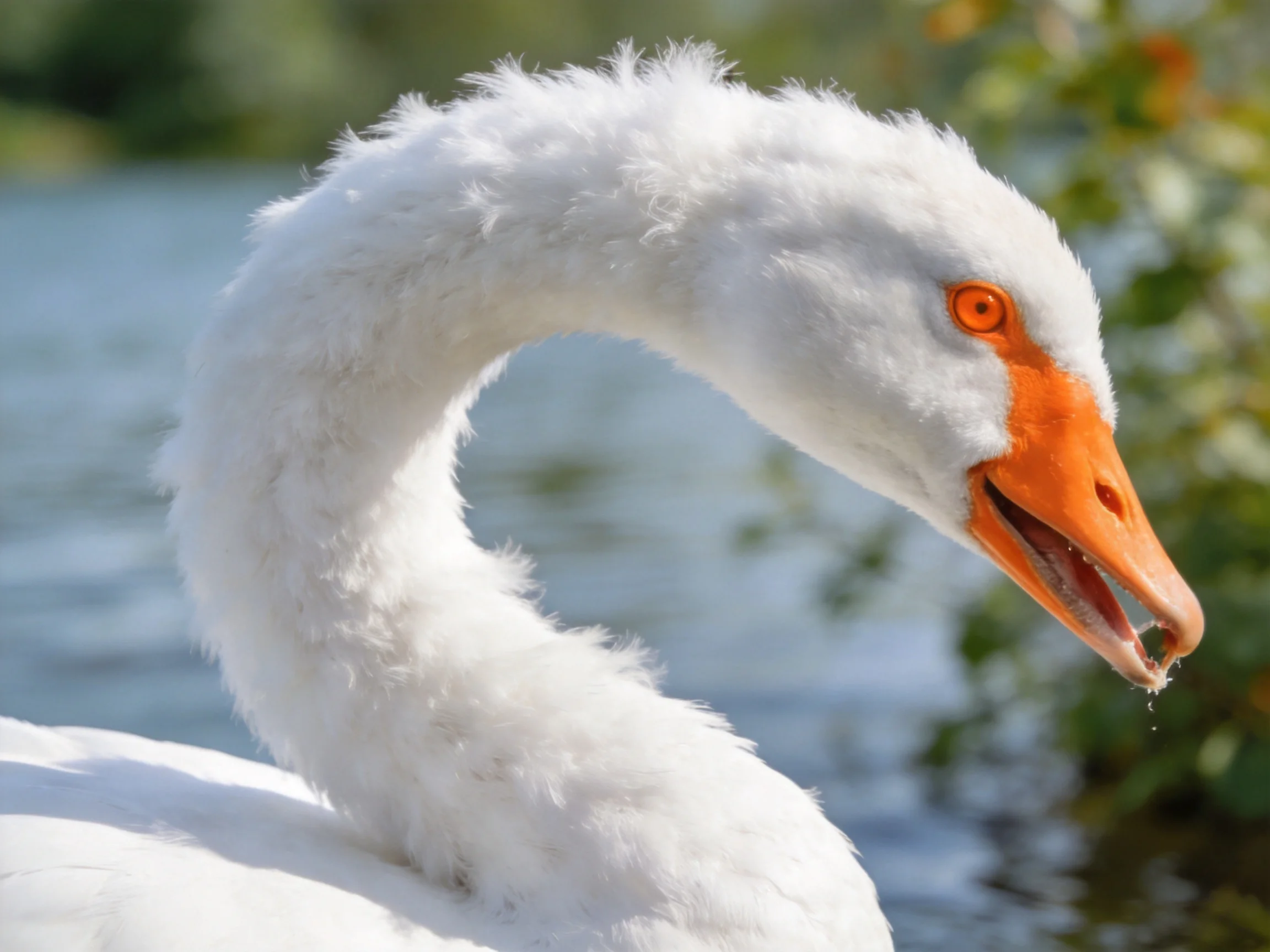 White swan with orange beak shown up close near water