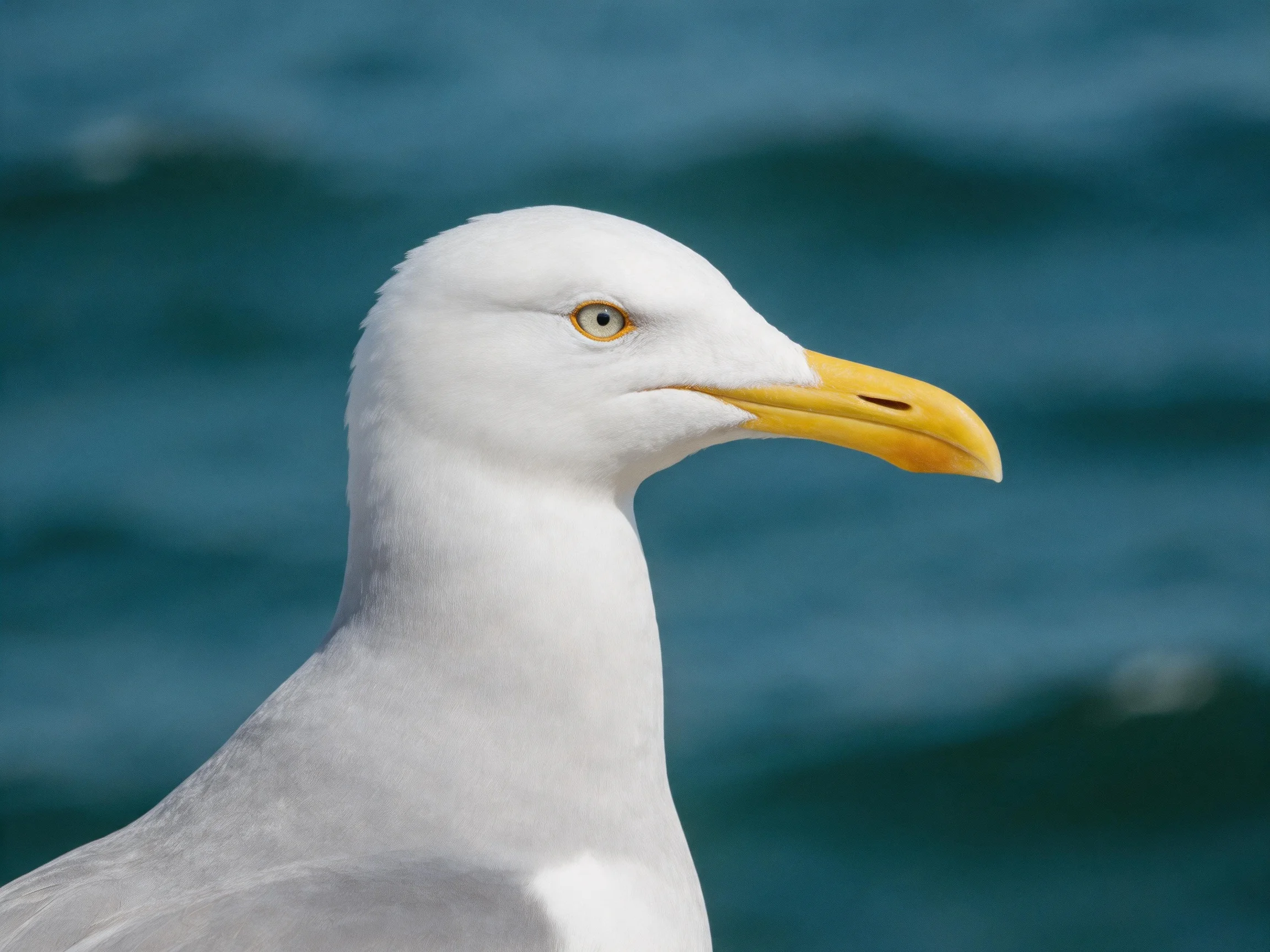 Close-up of a white-headed seagull with a bright yellow beak near blue water