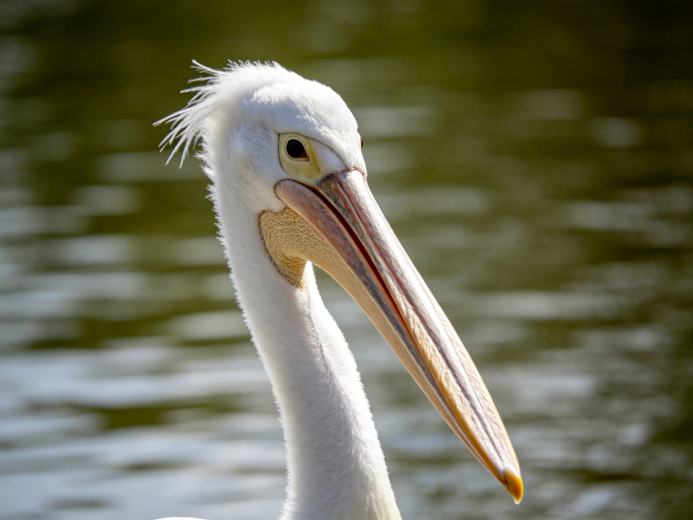 A close-up shows a white pelican with a long beak near still water.