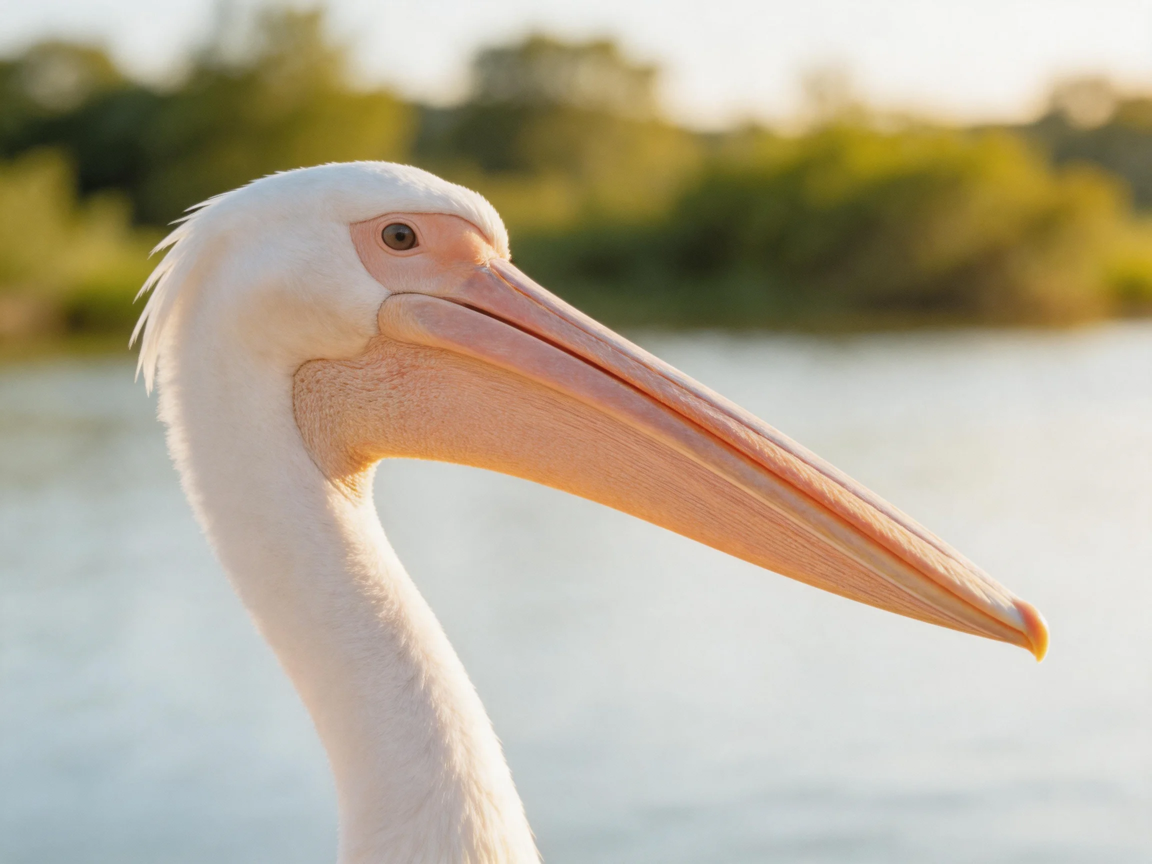 Close - up of a white pelican with a long pink beak near water