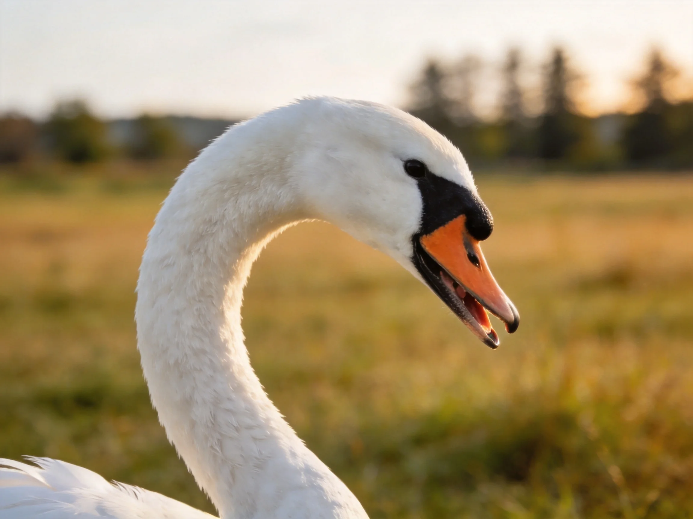Close-up of a white swan with orange beak in a golden field