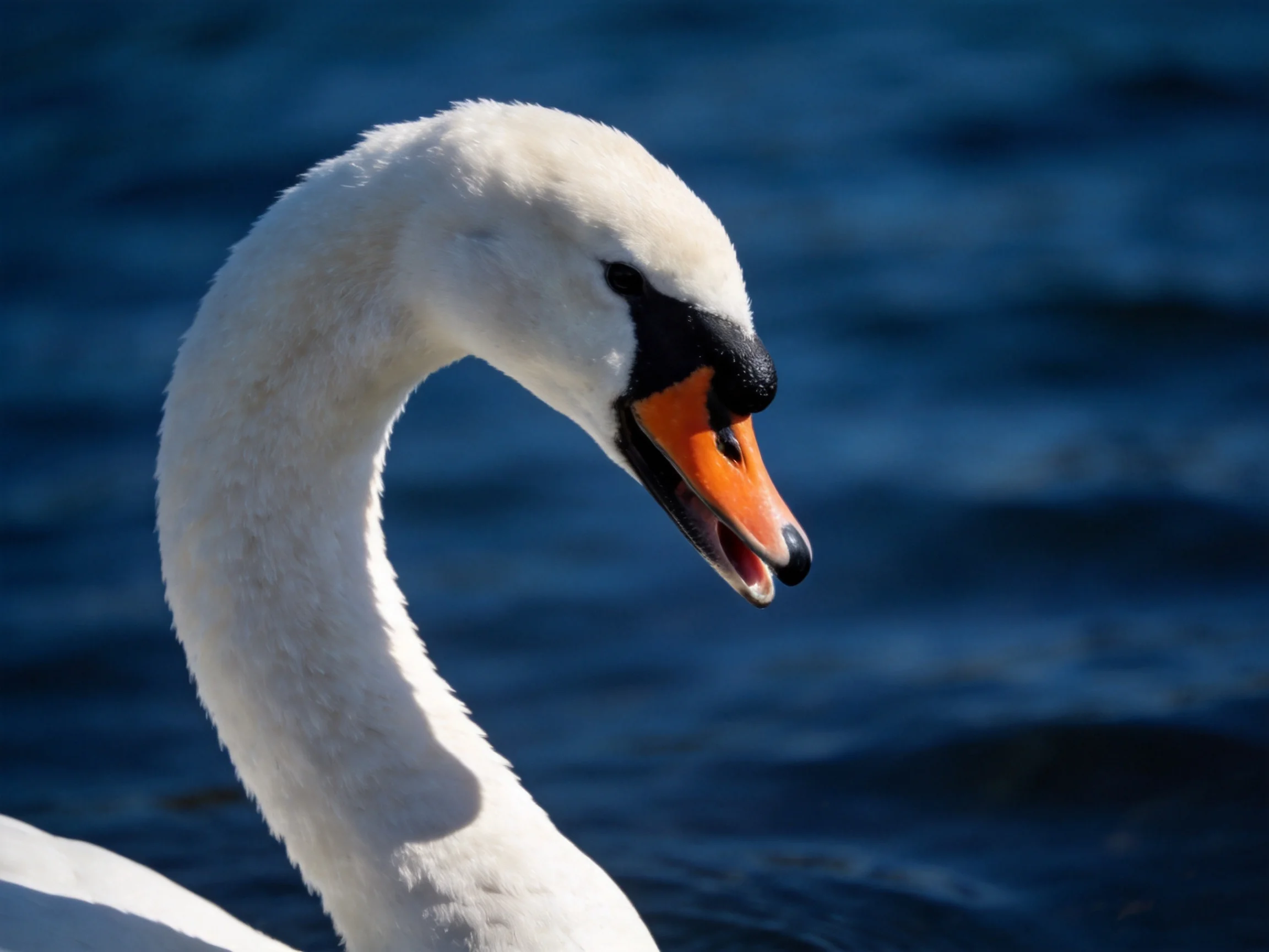 Close-up of a white swan with orange beak near dark blue water