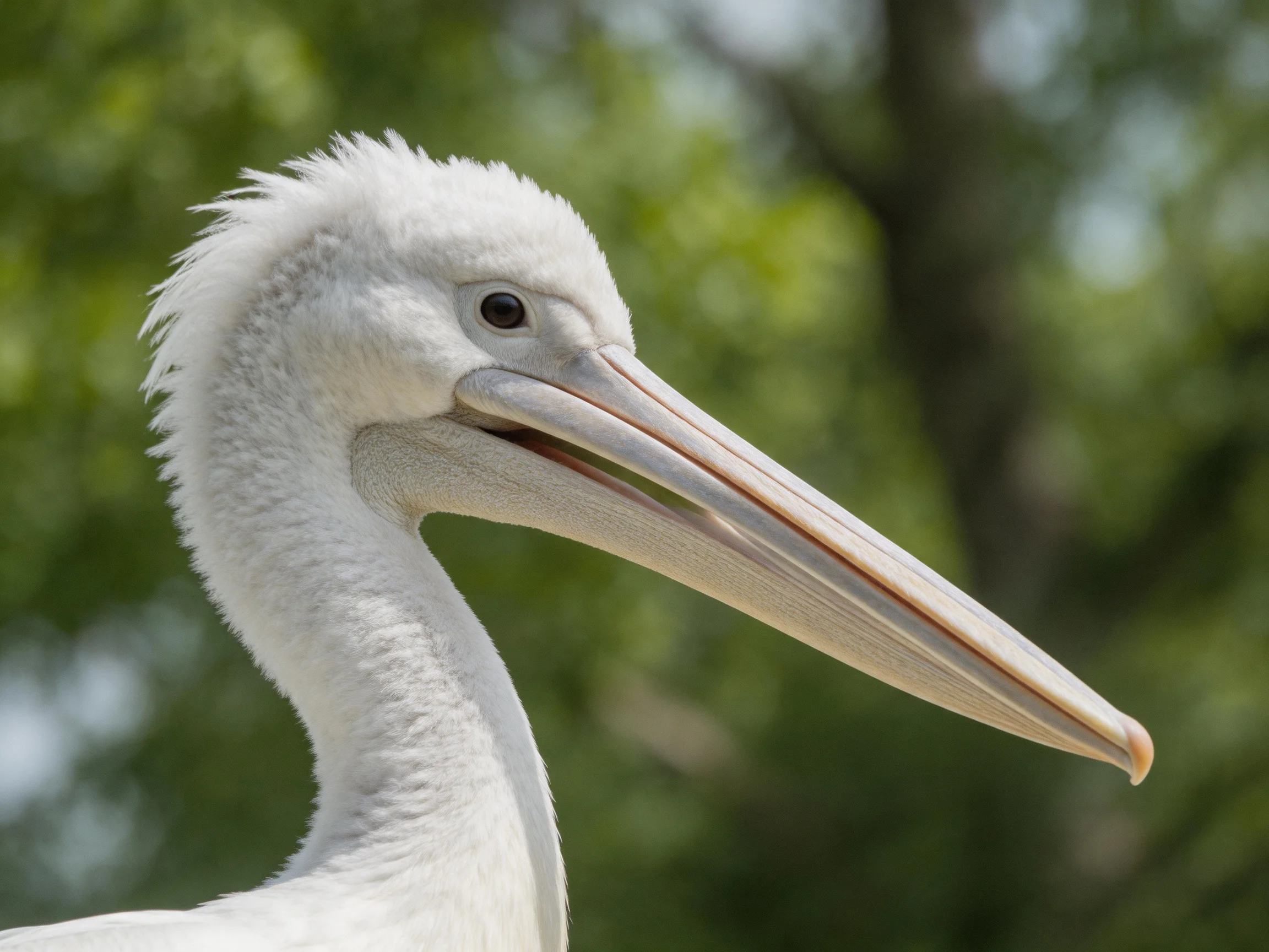 A close-up shows a young white pelican with a long beak against a blurredgreen backdrop.