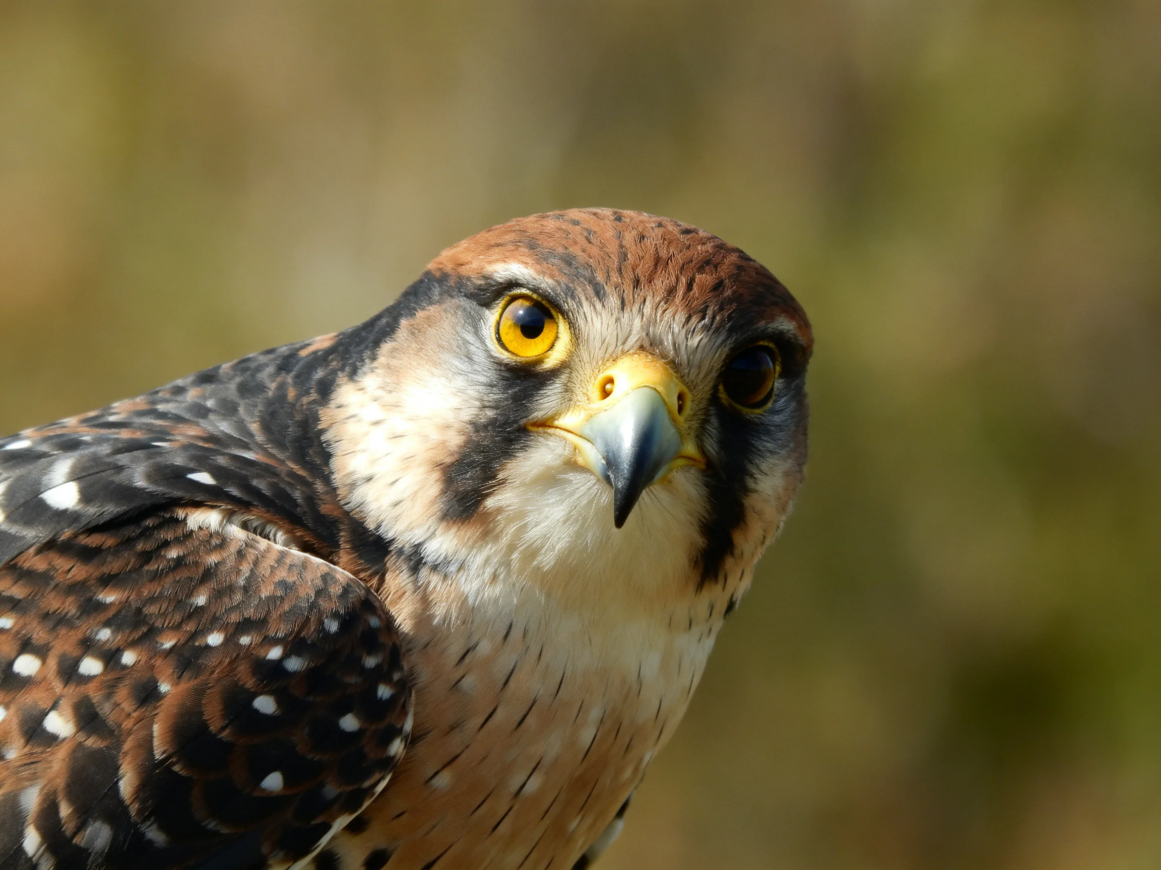 Close-up of an American kestrel with brown, black, and white spotted feathers