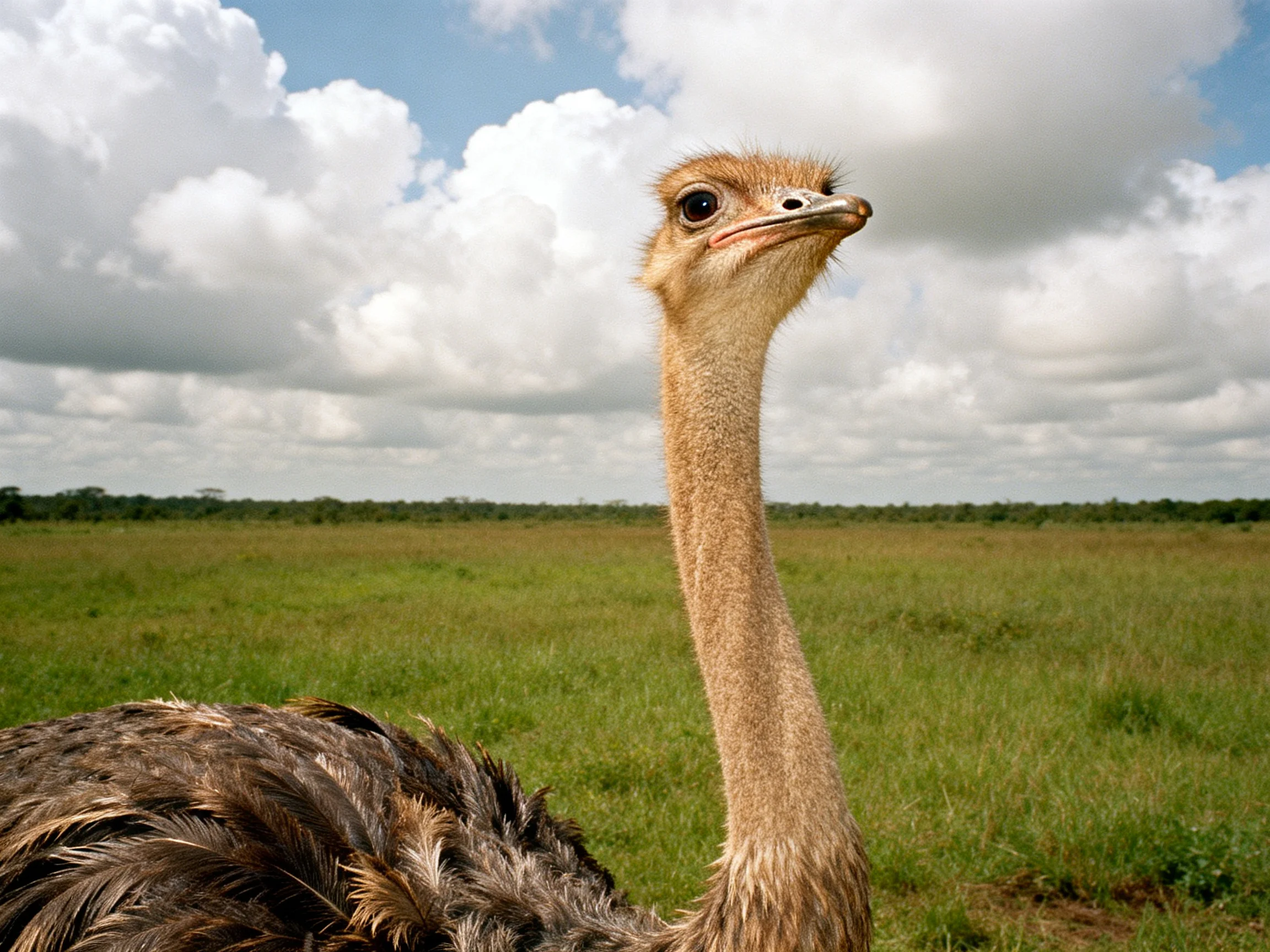 Close-up of an ostrich in a vast green savannah with blue sky