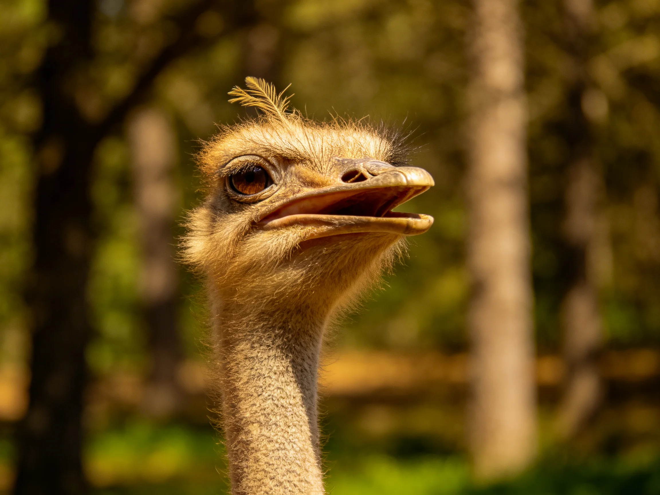Close-up of an ostrich with a tufted feather, earthy brown plumage, forest backdrop