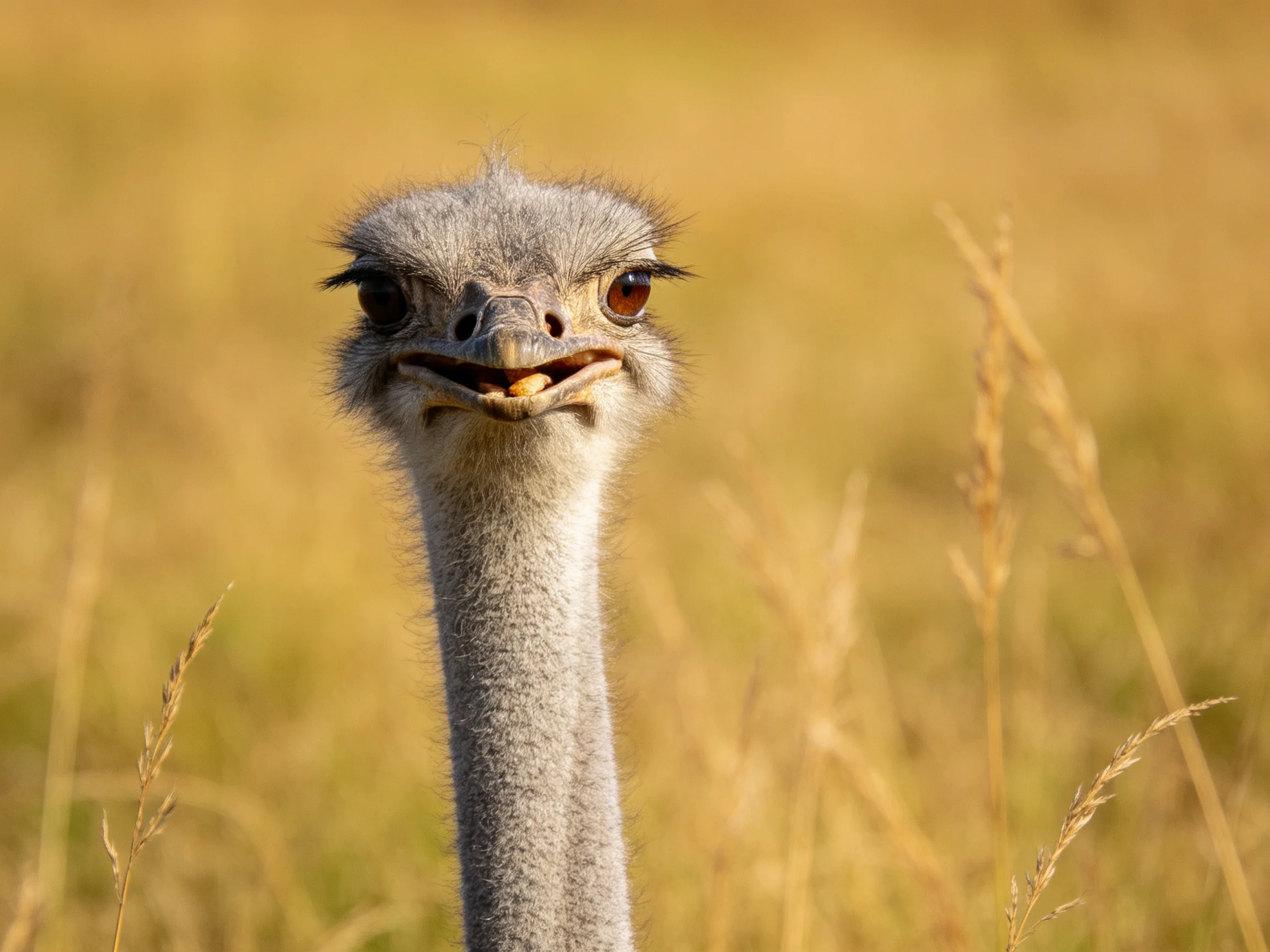 Close-up of an ostrich with gray feathers in golden grassland