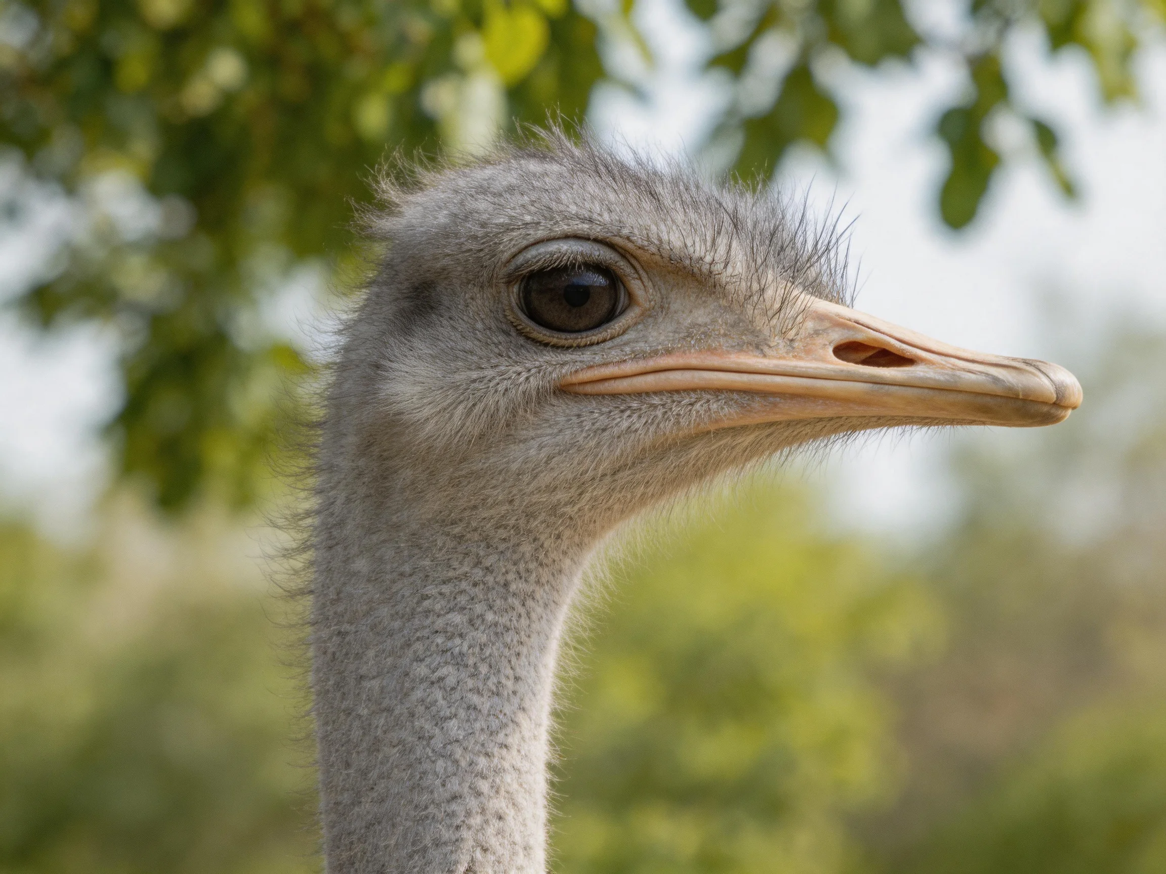 Close-up of an ostrich with gray plumage and green foliage backdrop