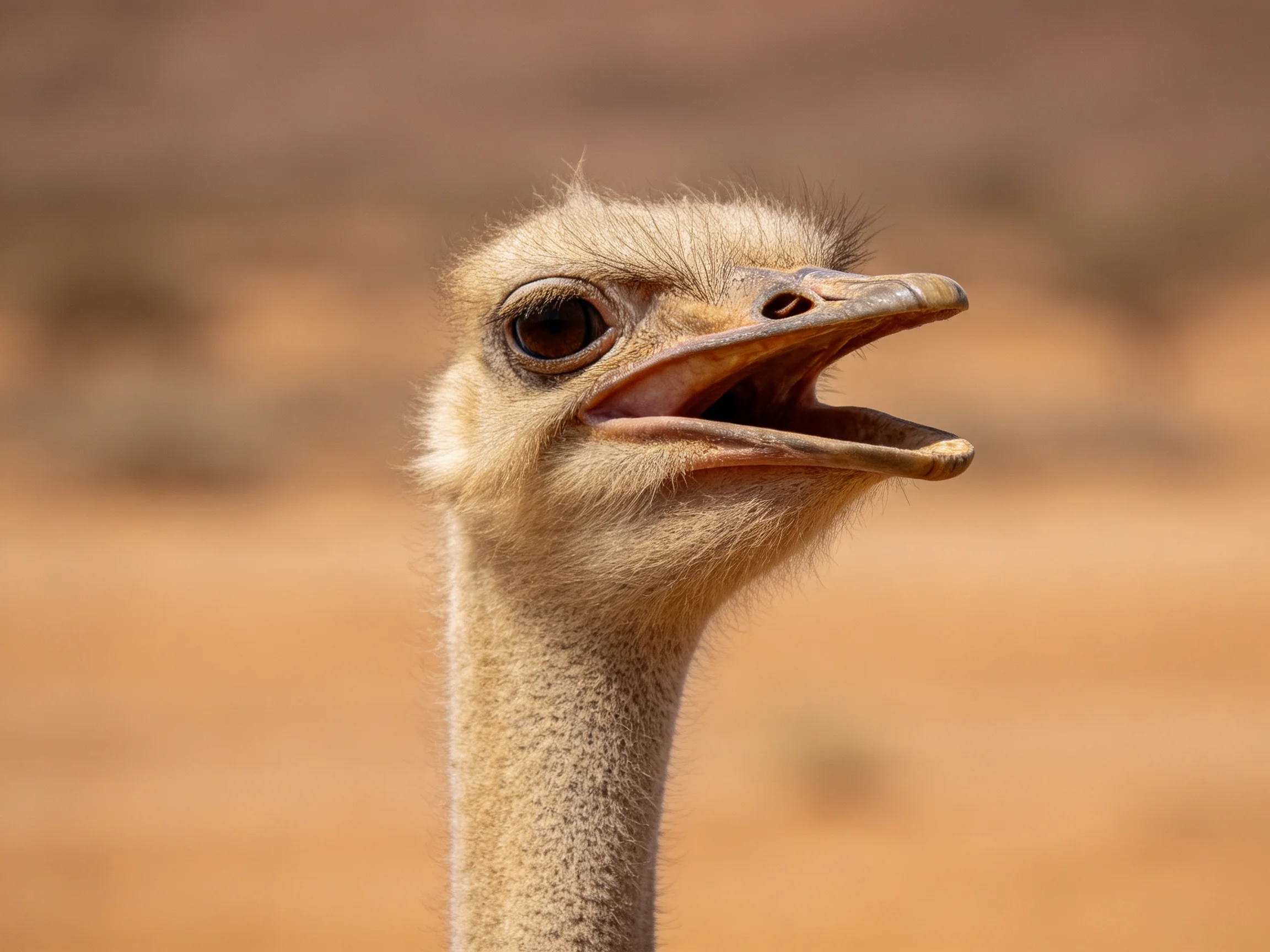 Close-up of an ostrich with open beak in sandy landscape