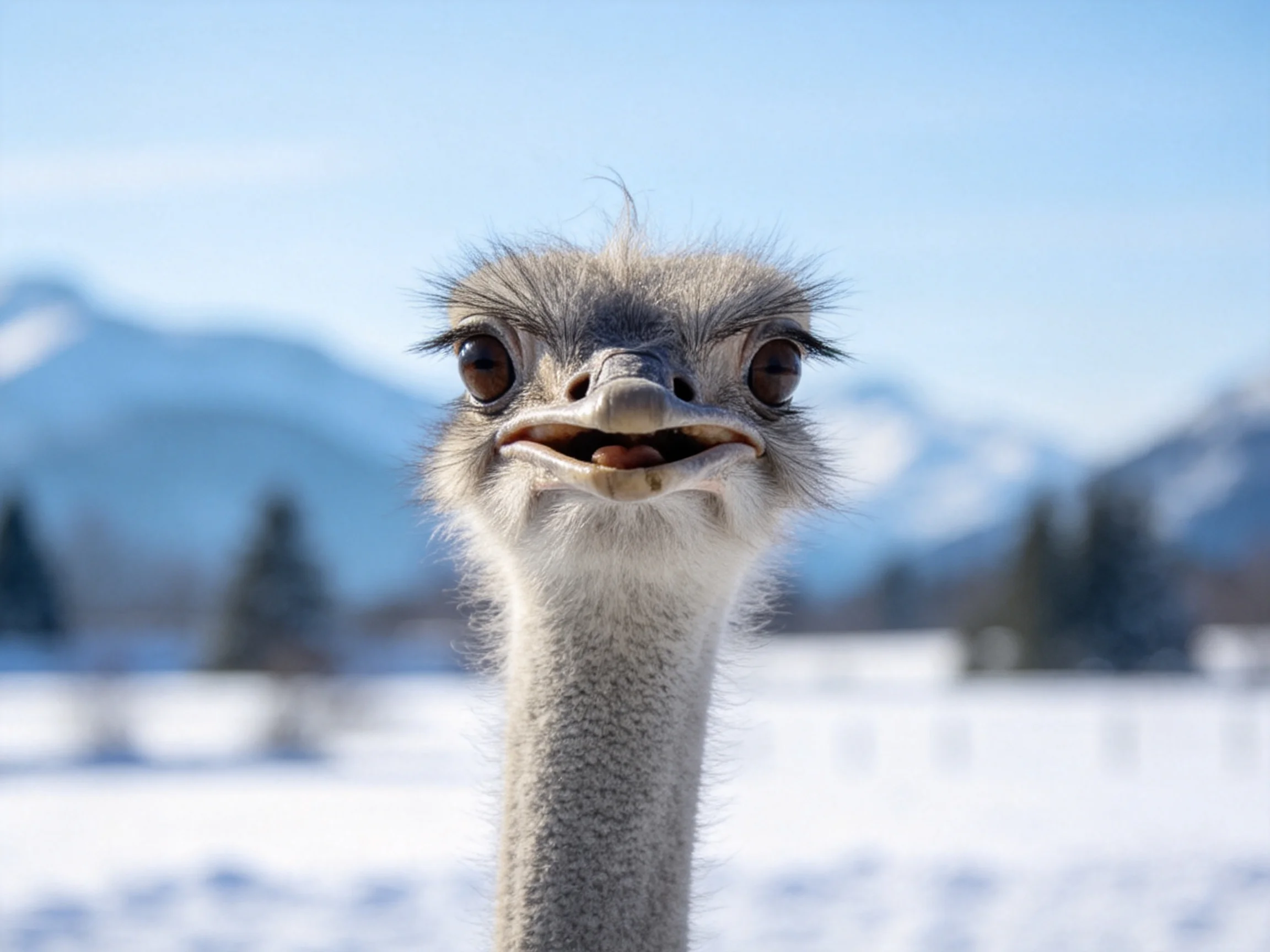 Close-up of an ostrich with snowy mountainous backdrop