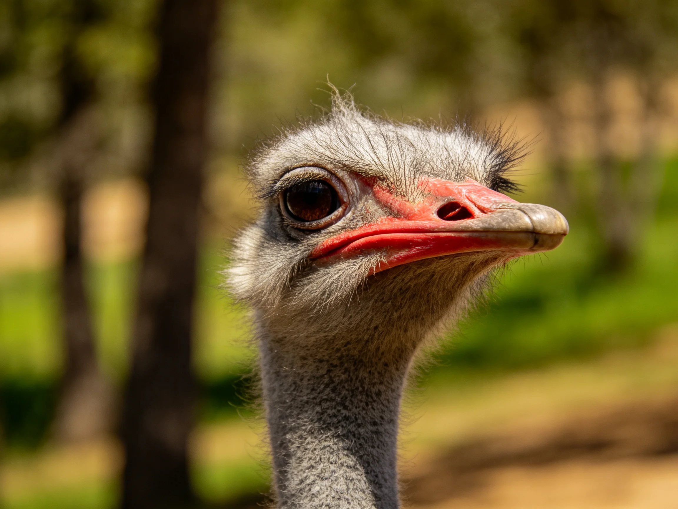 Close - up of an ostrichs head with gray plumage and red beak