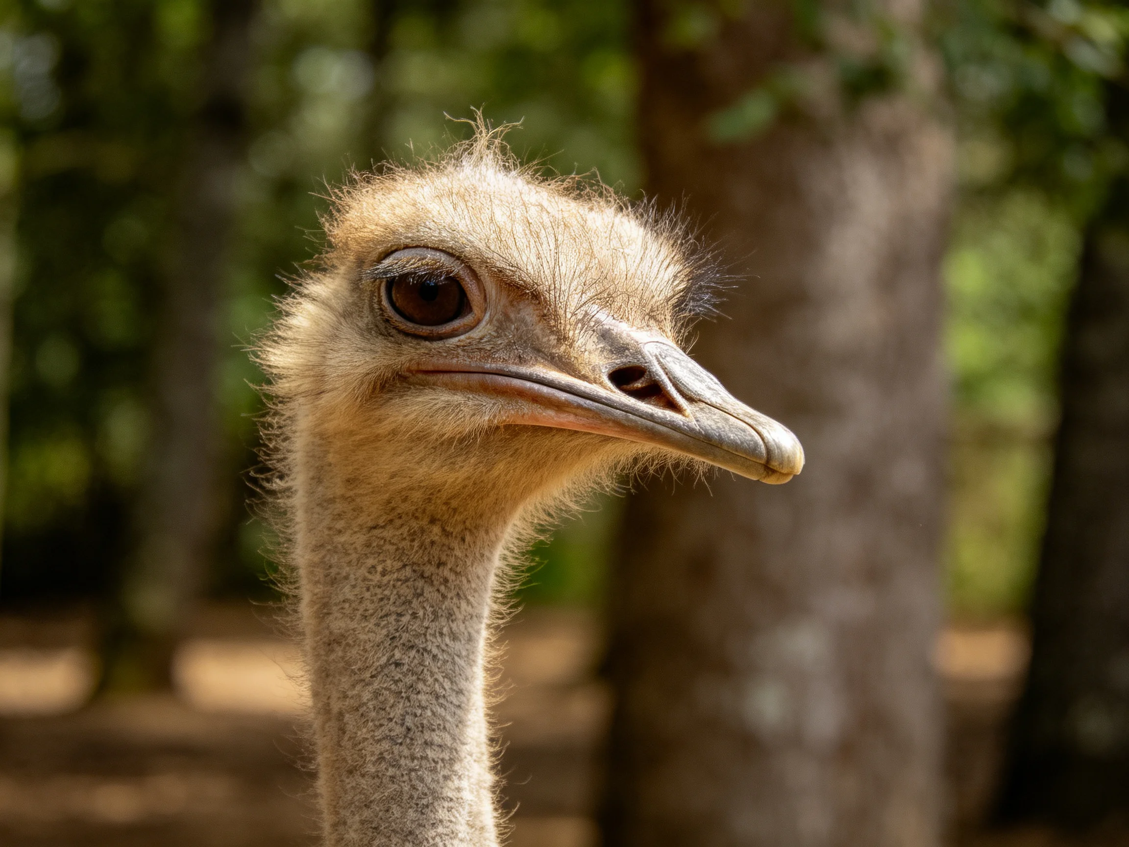 Close-up of an ostrichs head with soft feathers and blurred forest