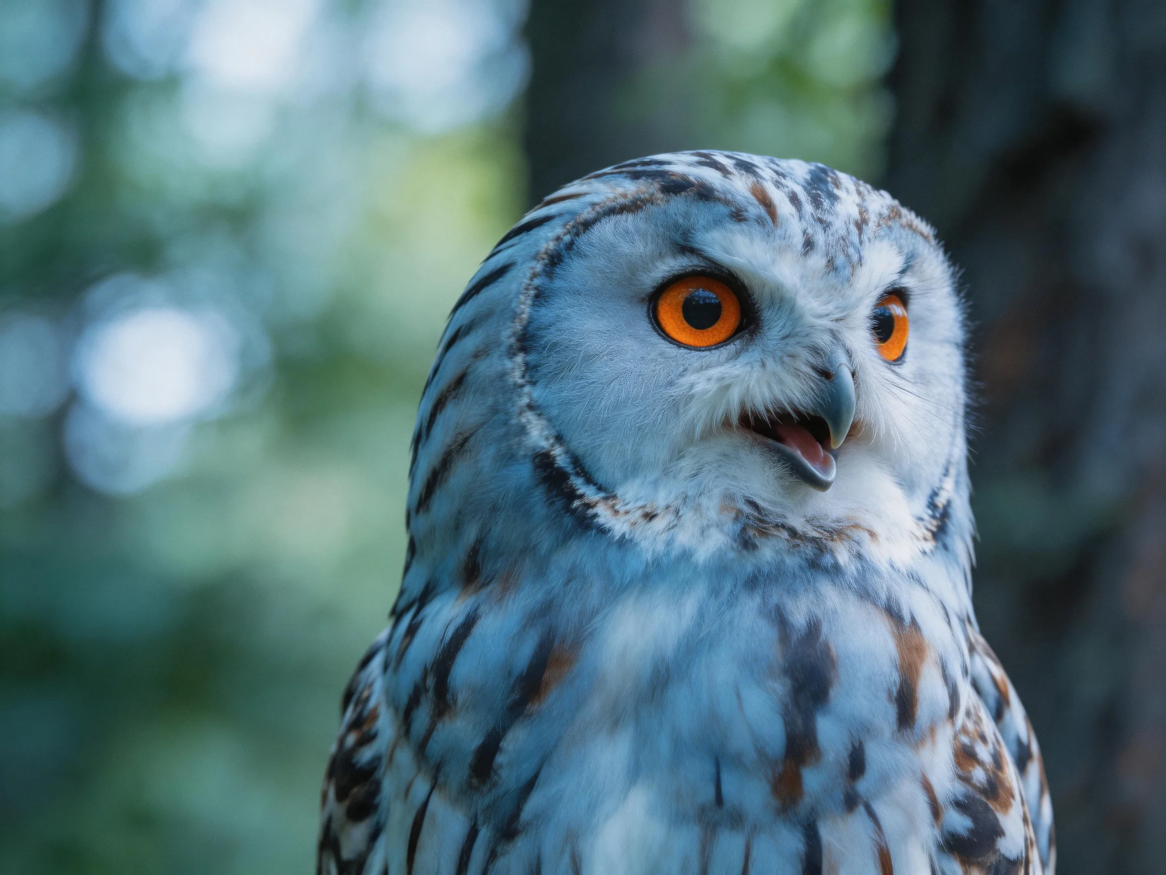 Close-up of an owl with vibrant orange eyes and mottled plumage