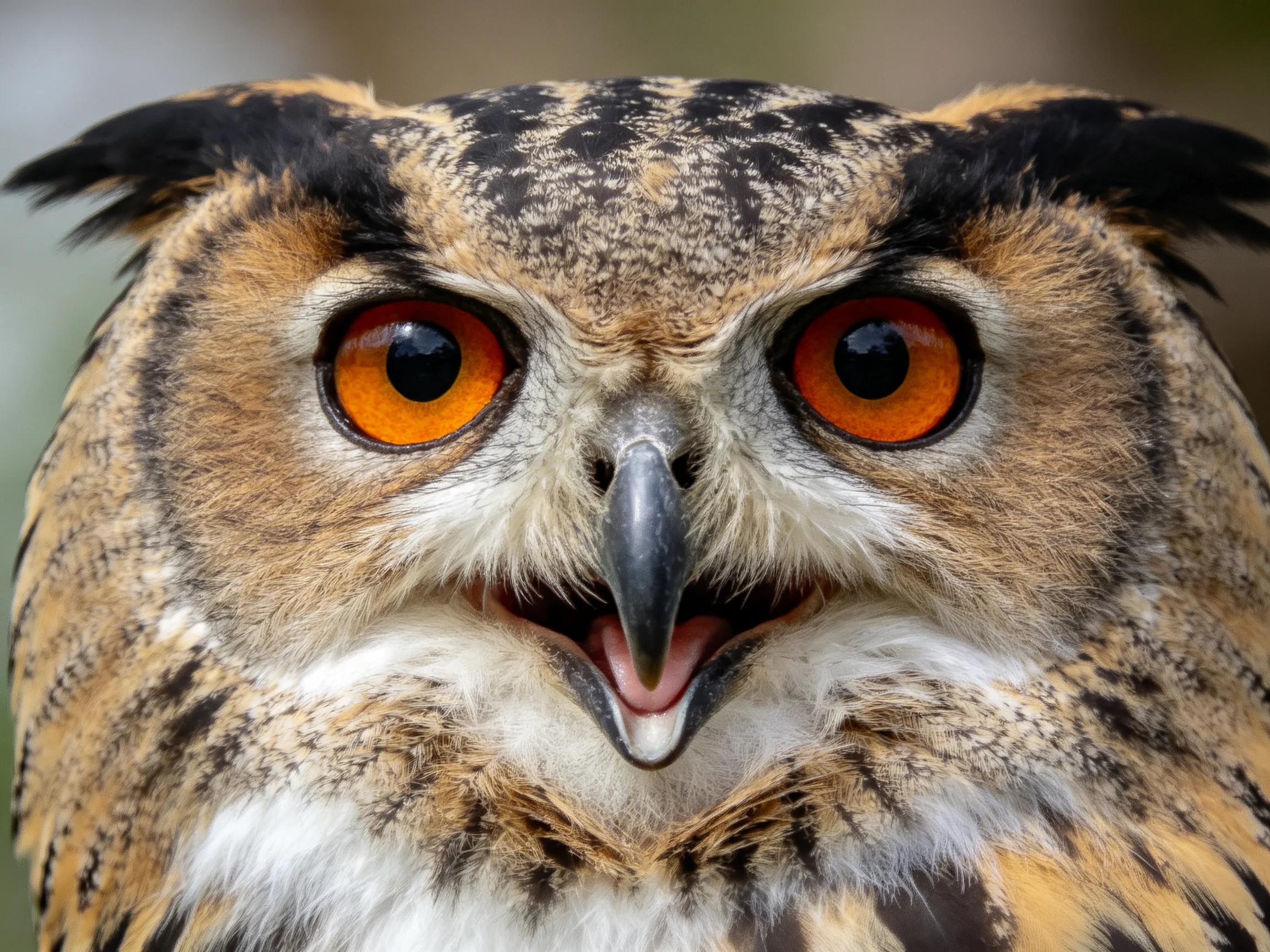 Close-up of an owl with vibrant orange eyes and textured brown feathers