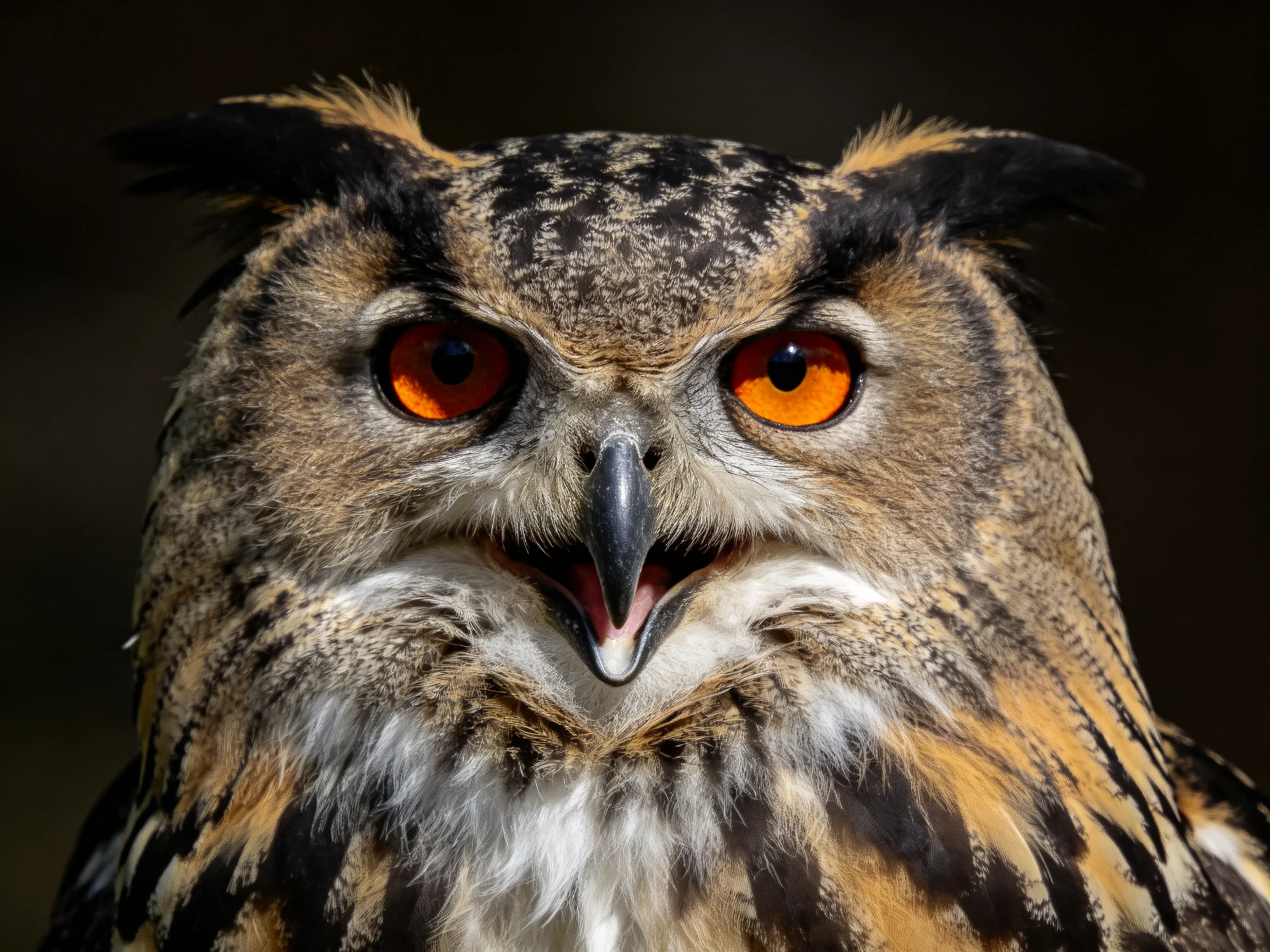 Close-up of an owl with vivid orange eyes and textured plumage