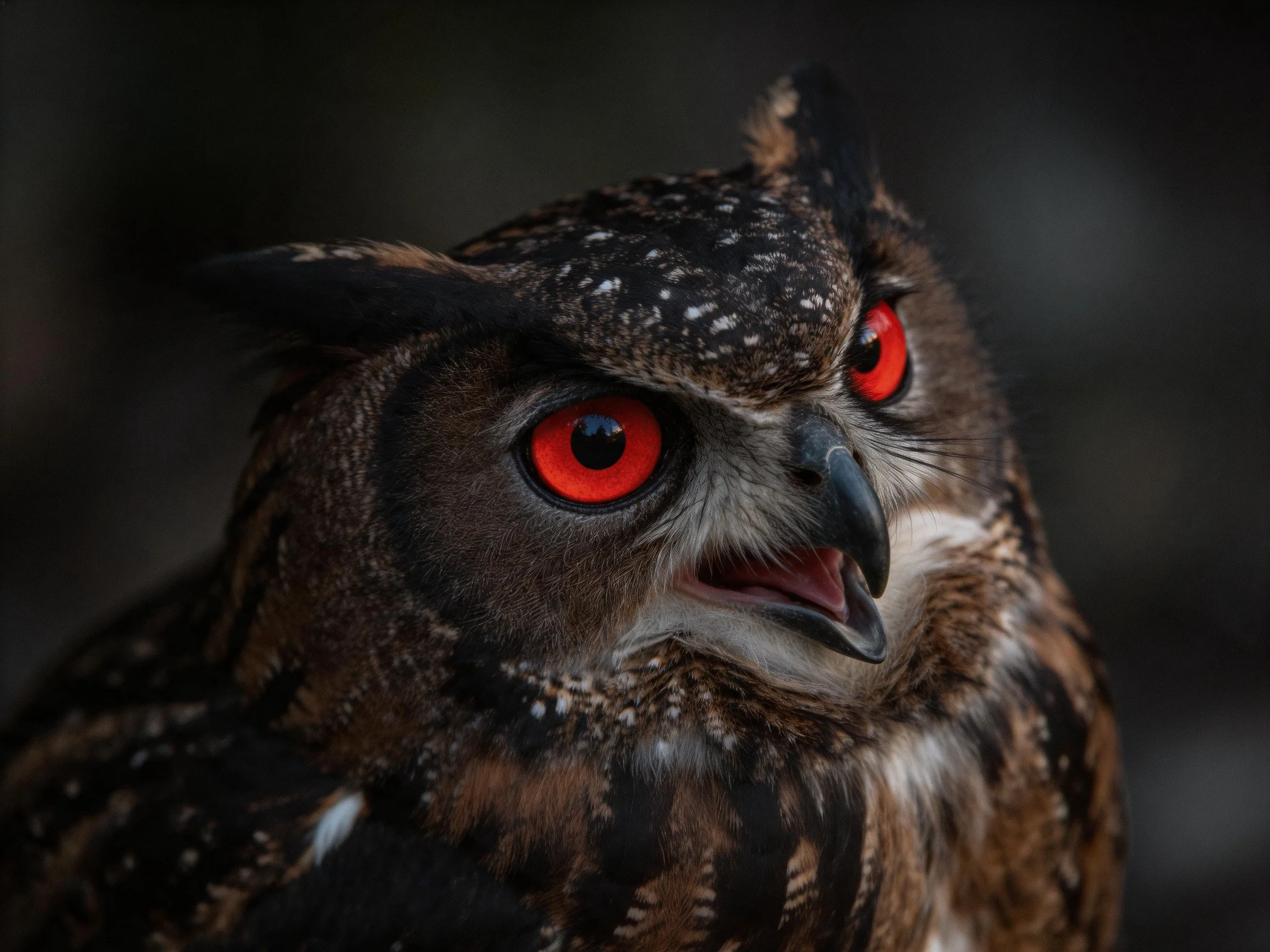 Close-up of an owl with vivid red eyes and mottled brown feathers