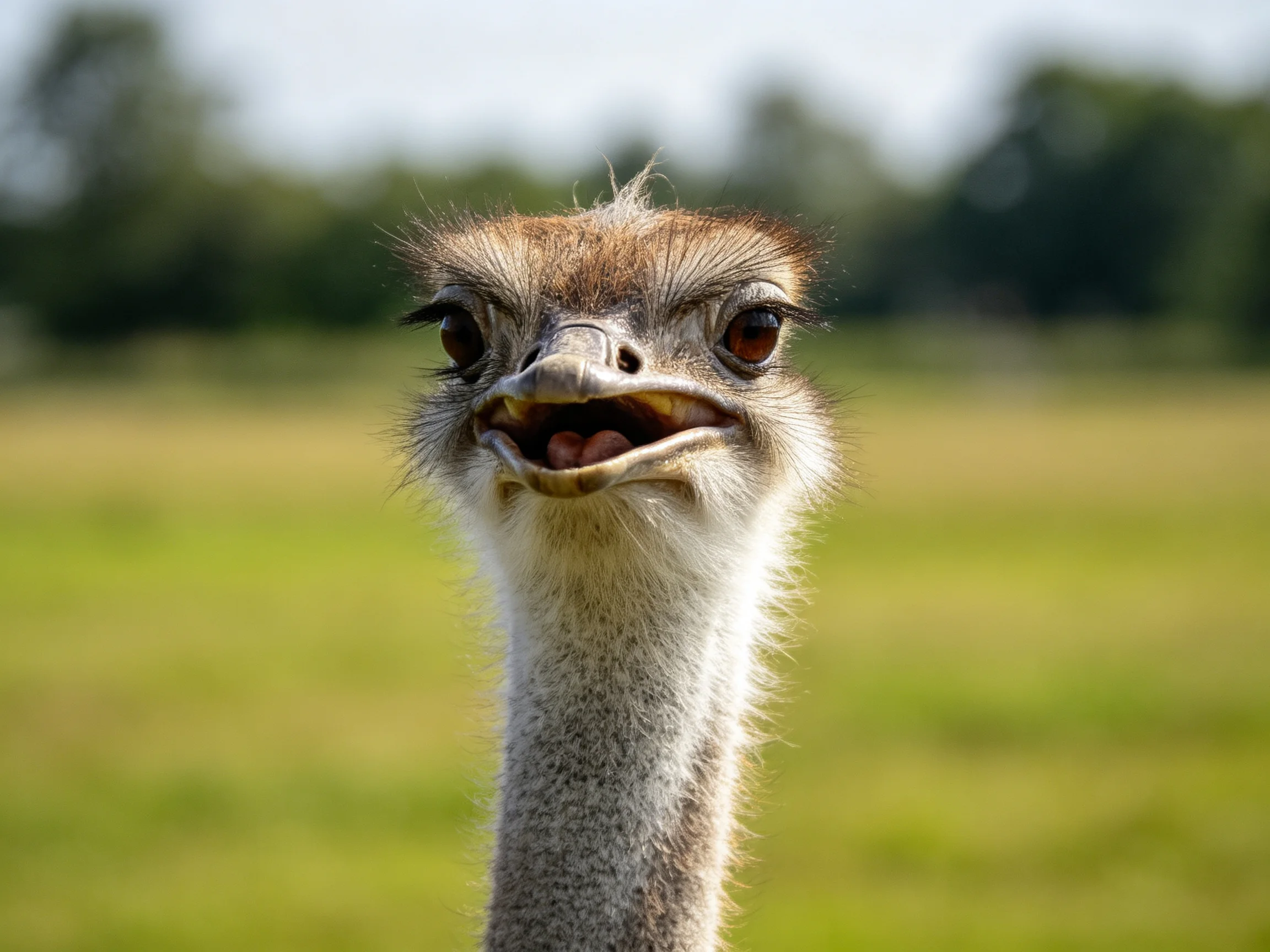 Close-up portrait of an ostrich with open beak against blurred green field