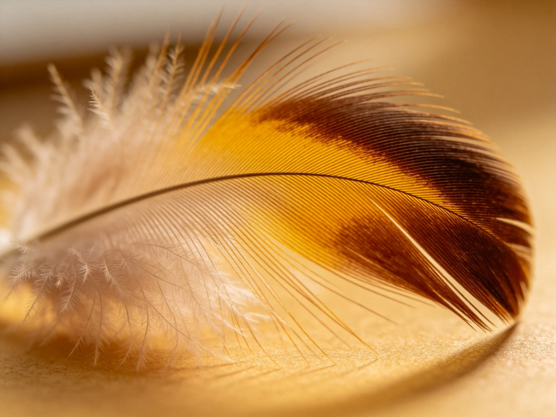 Close-up view of a brown, golden, and white feather