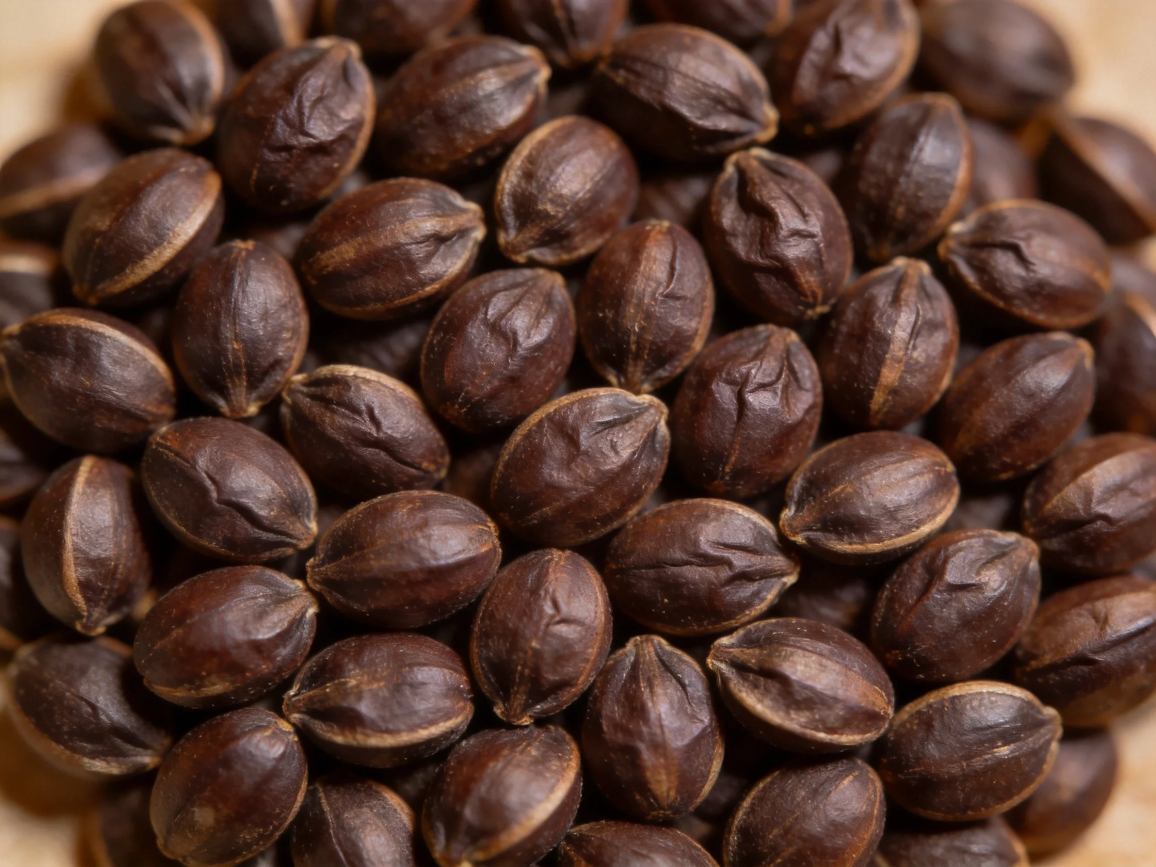 Close-up view of numerous dark brown oval seeds clustered together