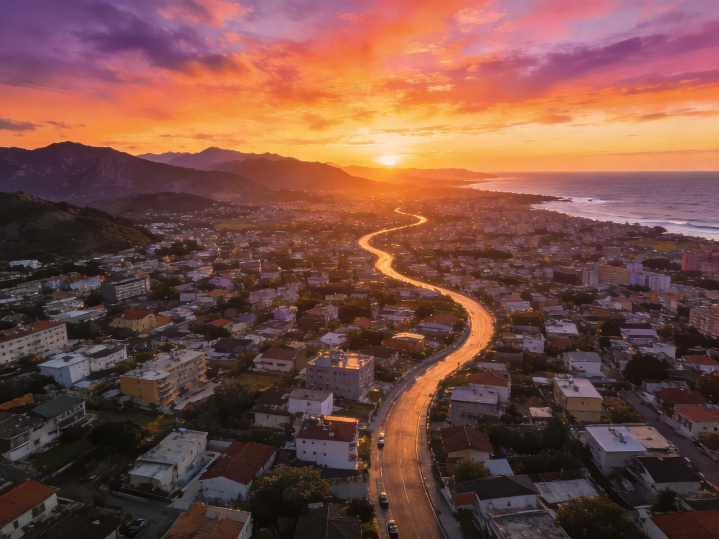 Coastal Town at Sunset with Winding Road and Vibrant Sky