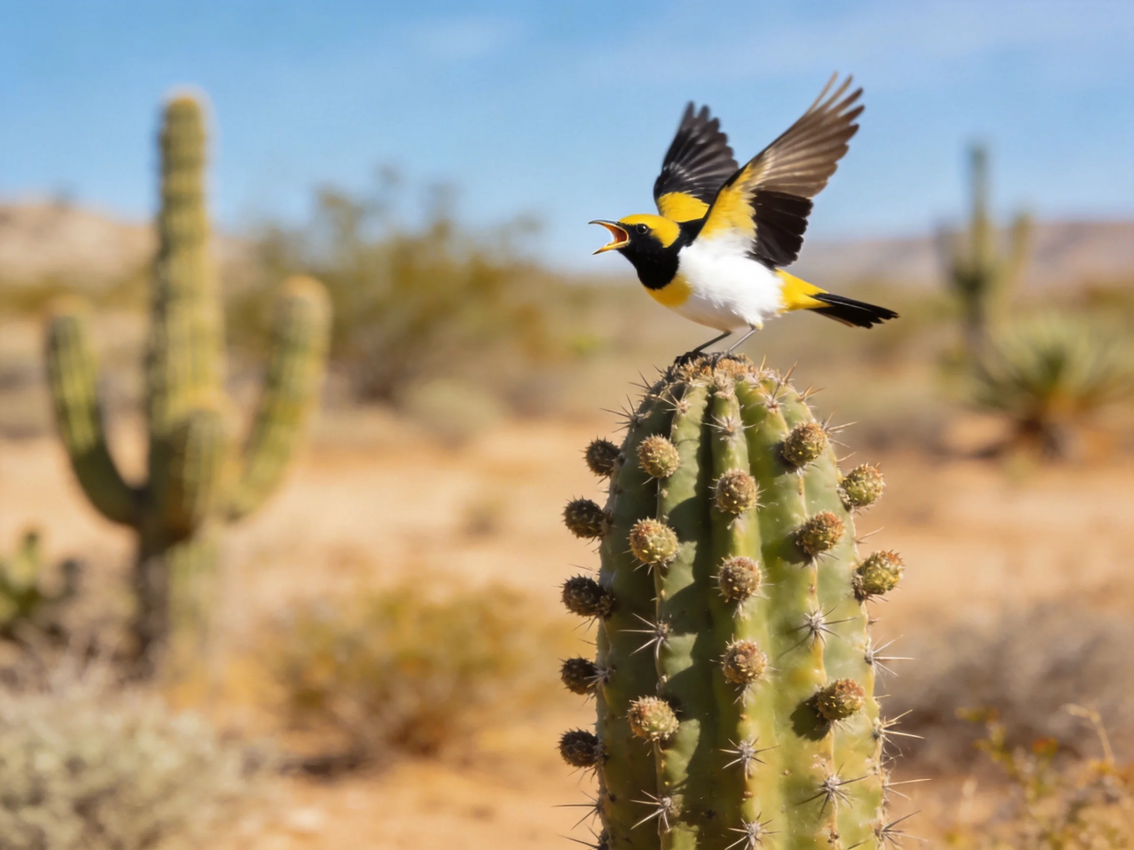 Color colorful bird perches atop a spiny cactus in desert landscape